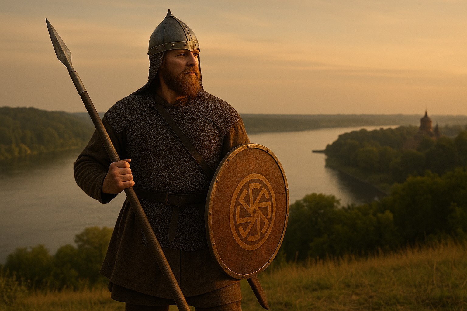 Ein ukrainischer Krieger aus der Kiewer Rus steht auf einem grasbewachsenen Hügel mit Blick auf den Fluss Dnipro bei Sonnenuntergang, mit Schild und Speer in der Hand.
