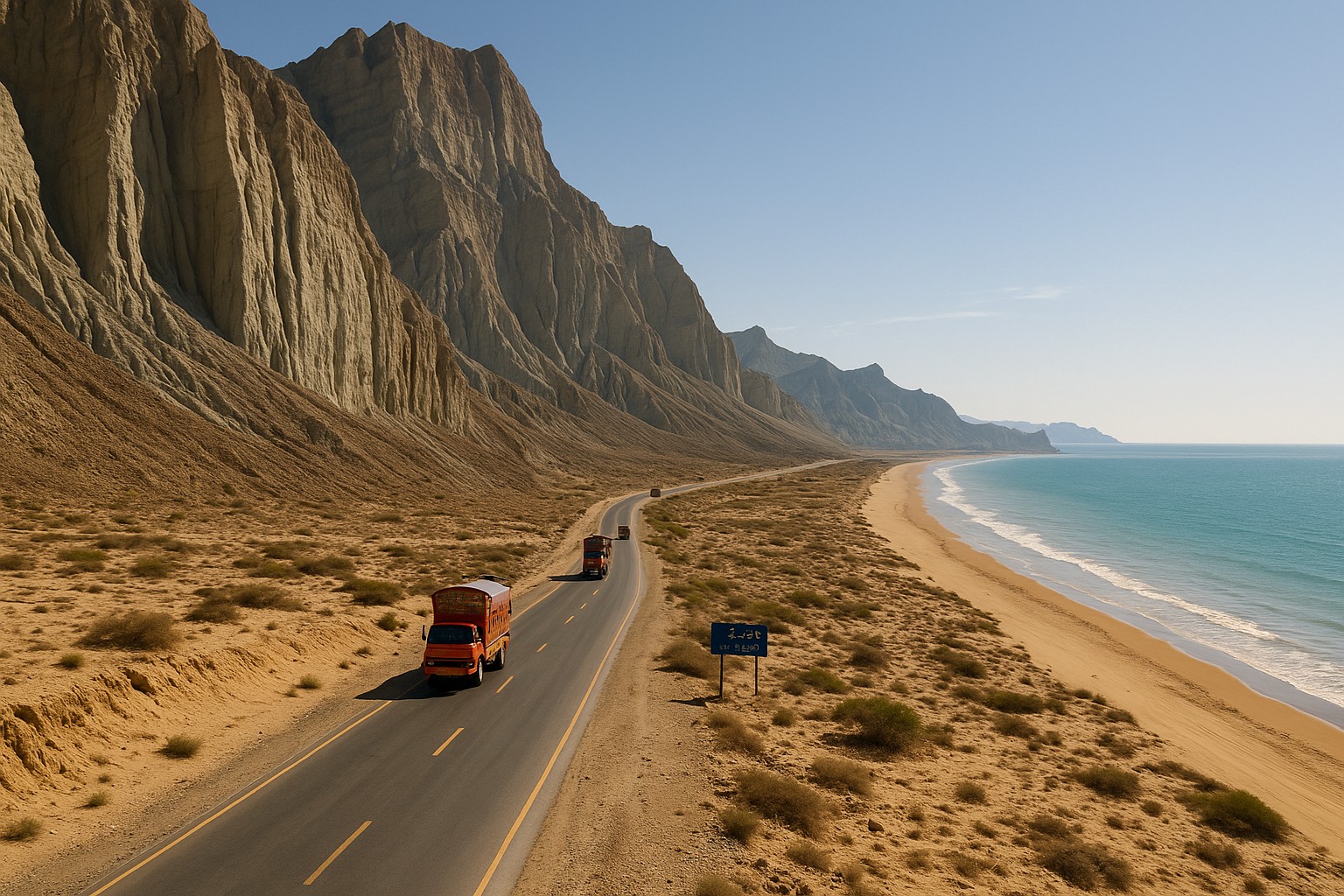 Eine hochauflösende Aufnahme zeigt die spektakuläre Küstenstraße entlang des Arabischen Meeres in Pakistan, flankiert von schroffen Felswänden auf der linken Seite und dem ruhigen blauen Meer zur Rechten. Mehrere farbenfrohe pakistanische Lastwagen fahren auf der Straße in Richtung Horizont.
