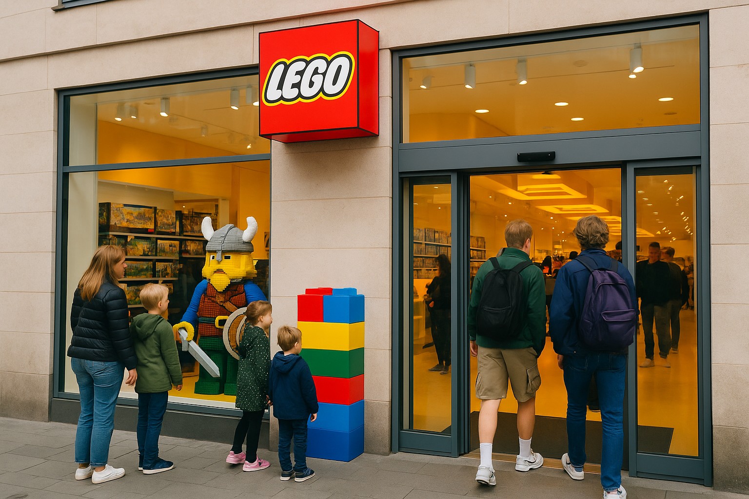 Eine hochauflösende Tagesaufnahme zeigt die Außenansicht eines LEGO®-Shops in Kopenhagen, mit einem roten und gelben LEGO-Logo über dem Eingang. Familien mit Kindern schauen begeistert auf eine große Wikingerfigur aus LEGO im Schaufenster.
