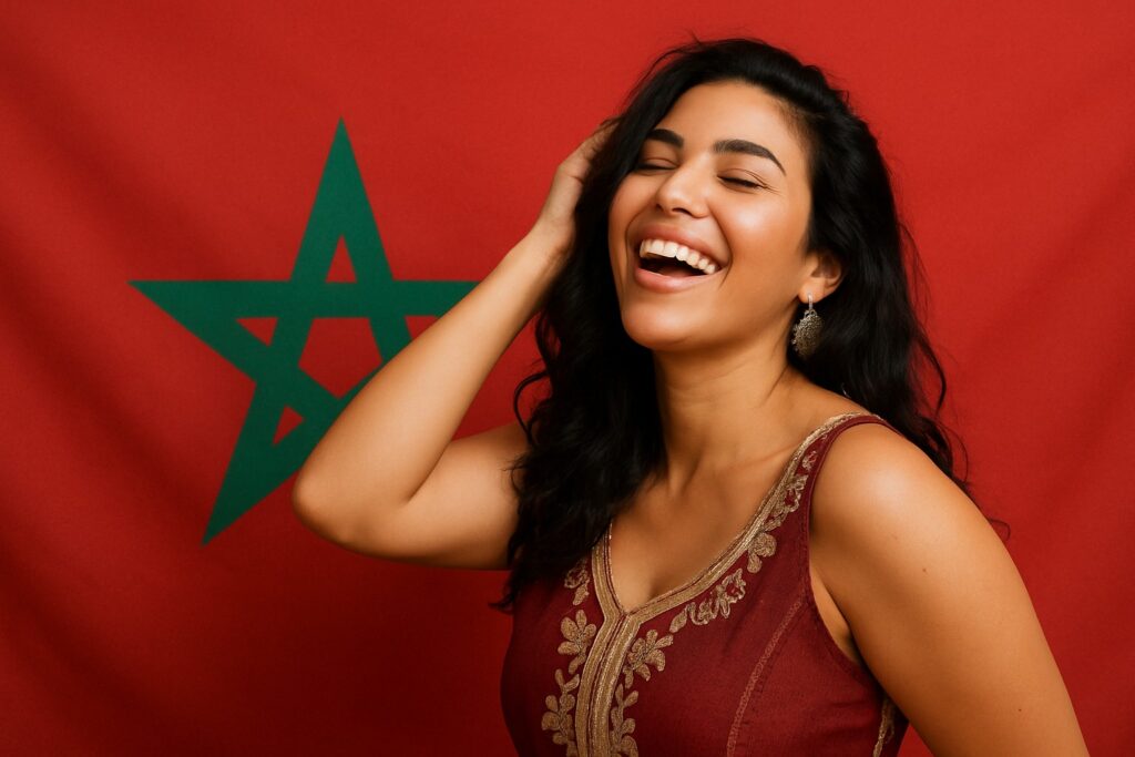 Junge marokkanische Frau in modernem Kaftan lacht herzlich vor der marokkanischen Flagge mit grüner Sternmitte.