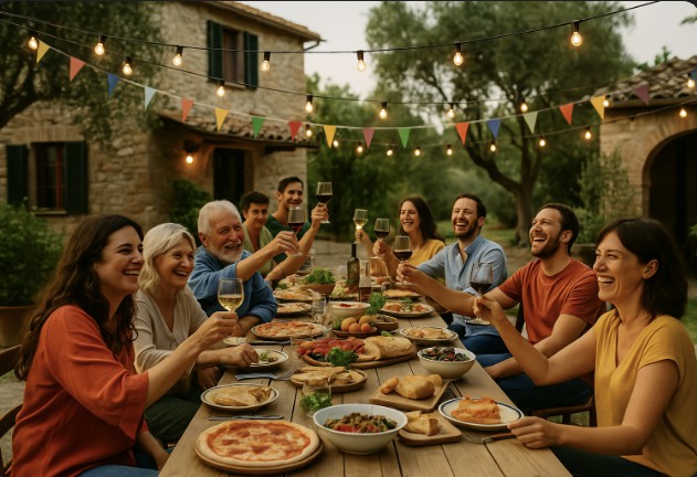 Italienische Familie und Freunde feiern draußen bei Sonnenuntergang, stoßen mit Wein an, sitzen an einem langen Tisch mit Pizza, Pasta und Lichterketten über ihnen.
