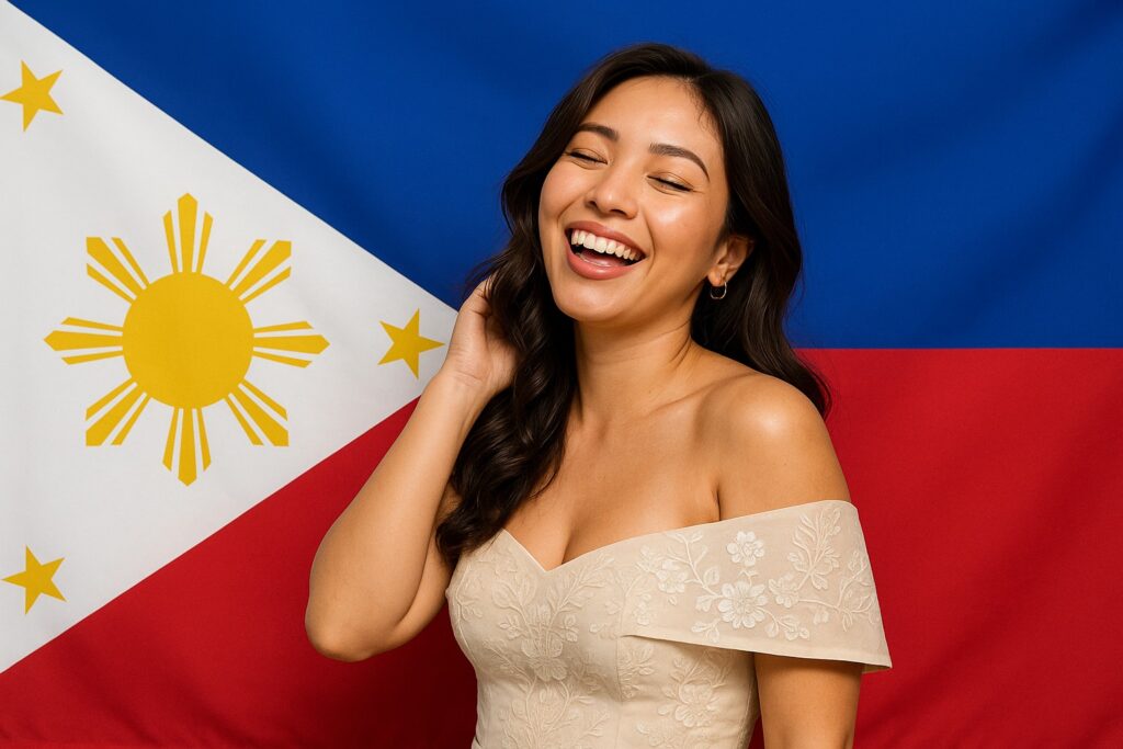 Junge Filipina in schulterfreiem, besticktem Filipiniana-Kleid lacht herzlich vor der philippinischen Flagge.