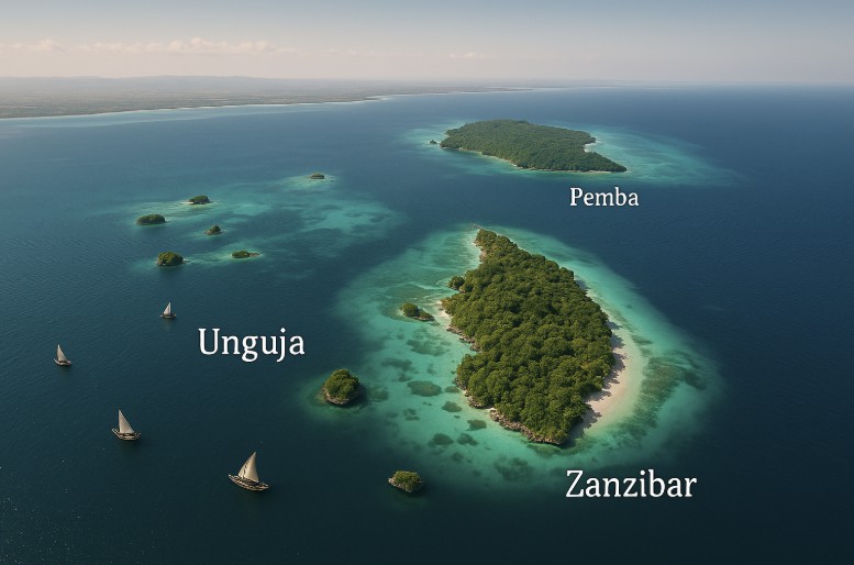 Luftaufnahme des Sansibar-Archipels mit den beiden Hauptinseln Unguja und Pemba, umgeben vom türkisfarbenen Indischen Ozean. Traditionelle Dhow-Boote segeln durch das Wasser, während die tropische Vegetation der Inseln deutlich sichtbar ist.
