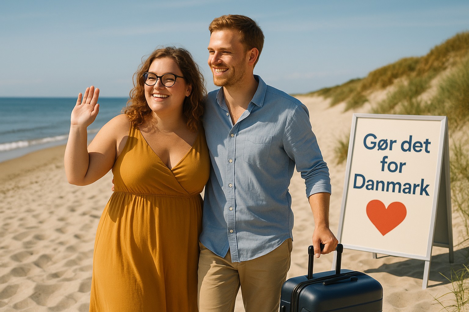 Ein junges dänisches Paar steht an einem sonnigen Strand, sie trägt ein senfgelbes Kleid und winkt, während er eine Reisetasche hält. Daneben steht ein Schild mit dem Aufruf „Gør det for Danmark“.

