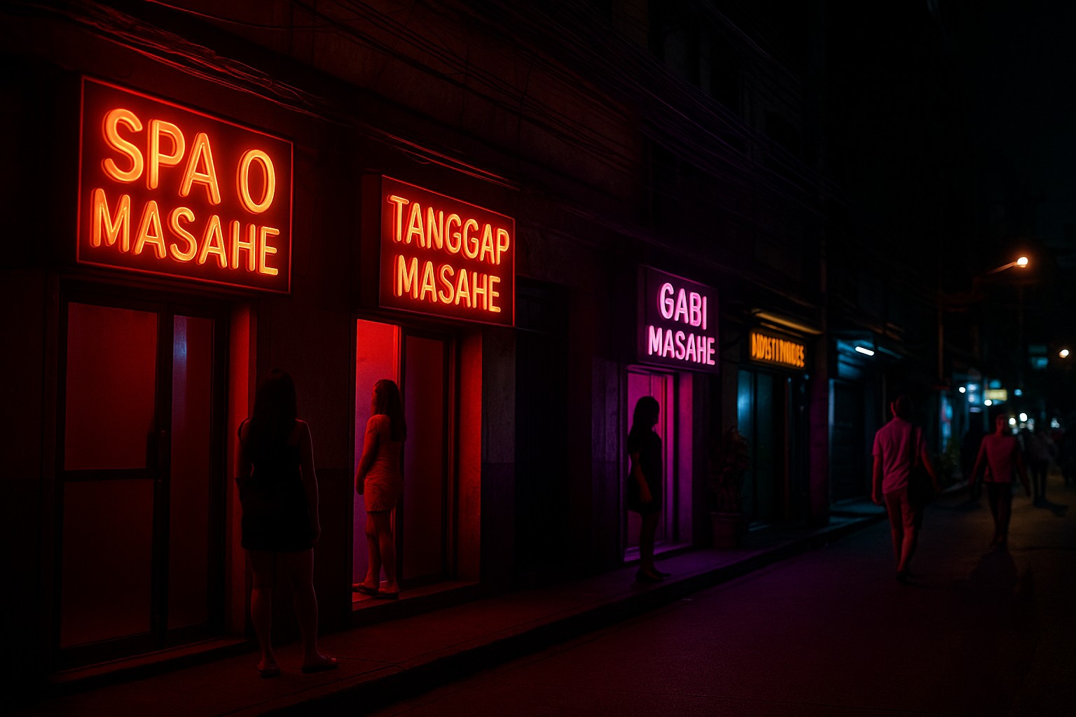Nächtliche Seitenstraße in Manila mit leuchtenden Massage-Salon-Schildern auf Tagalog („Spa o Masahe“, „Tanggap Masahe“, „Gabi Masahe“); zwei Frauen stehen im roten Licht vor den Eingängen, Passanten verschwimmen im Hintergrund.

