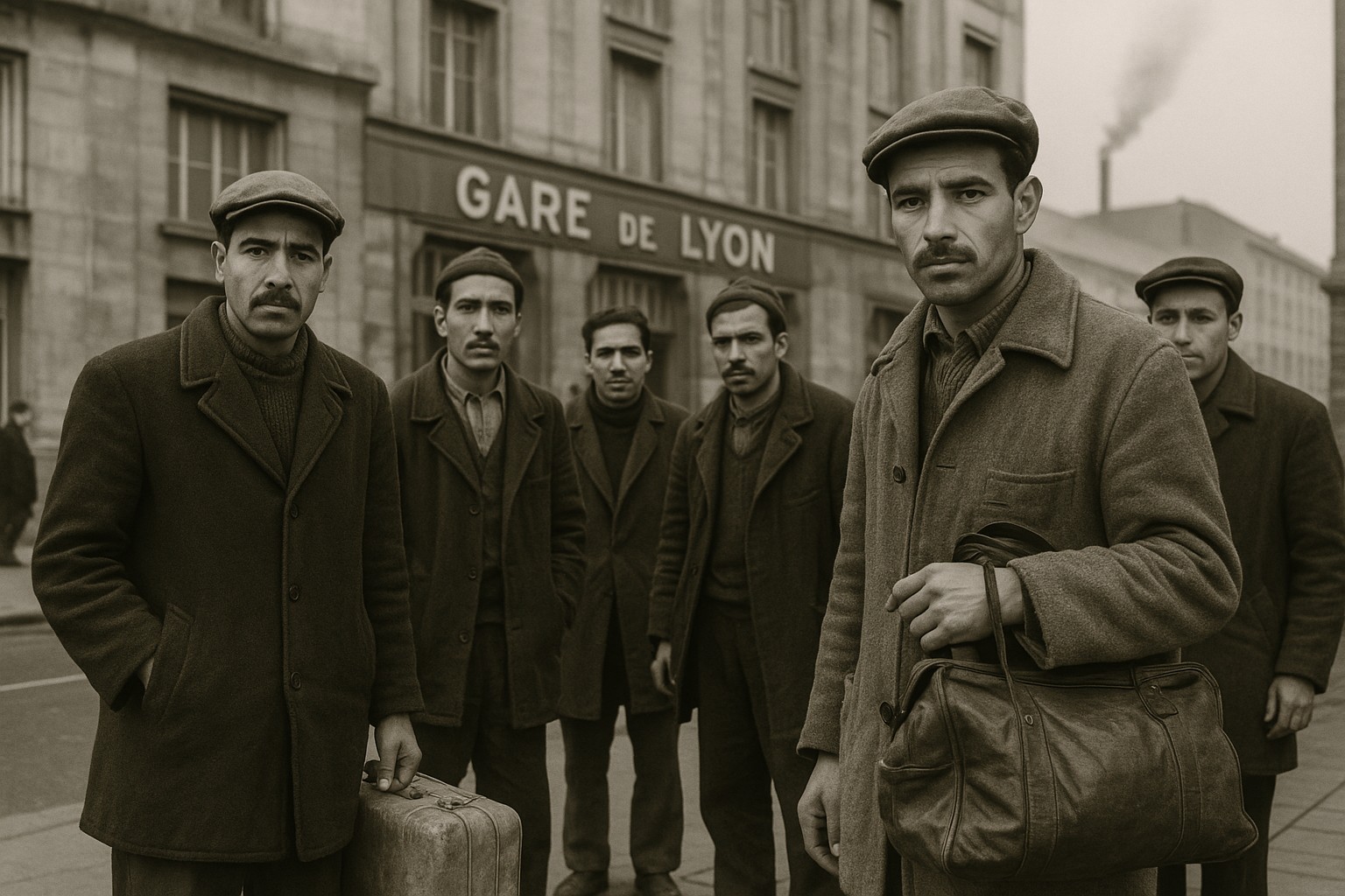 Ein historisches Schwarz-Weiß-Foto zeigt fünf marokkanische Gastarbeiter der 1960er Jahre, die mit ernstem Blick vor dem Bahnhof Gare de Lyon in Paris stehen. Die Männer tragen Mäntel und Schiebermützen, und der Rauch eines Fabrikschornsteins ist im Hintergrund sichtbar.
