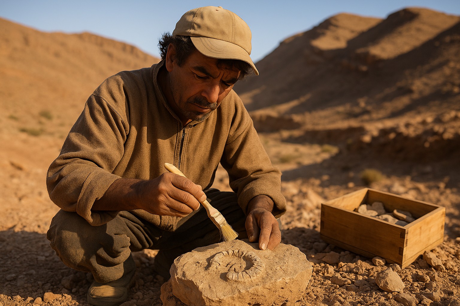 Ein marokkanischer Fossiliensammler in traditioneller Kleidung untersucht mit einem Pinsel ein spiralförmiges Fossil auf einem Felsbrocken in der Wüste, während die untergehende Sonne die Landschaft in warmes Licht taucht.
