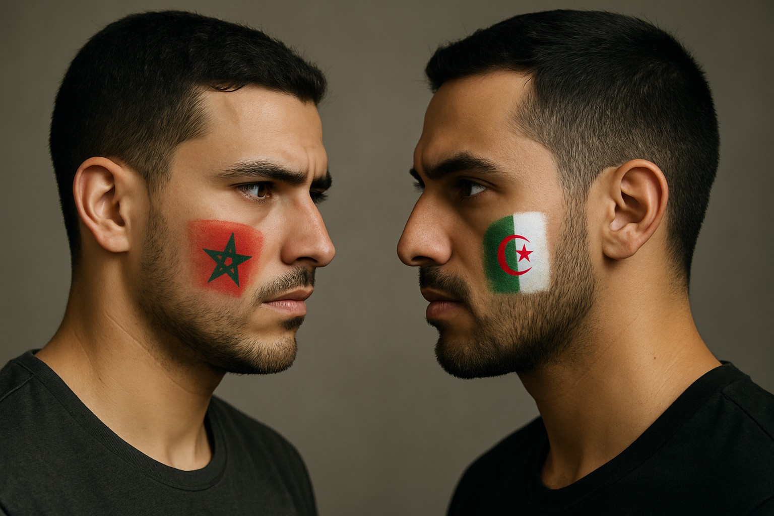 Zwei junge Männer nordafrikanischer Herkunft stehen sich mit entschlossener Miene gegenüber, jeweils im Profil. Auf der linken Wange des einen ist die marokkanische Flagge gemalt, auf der rechten Wange des anderen die algerische Flagge. Der Hintergrund ist neutral und unscharf, der Fokus liegt auf den Gesichtern und den Symbolen der Nationalflaggen.
