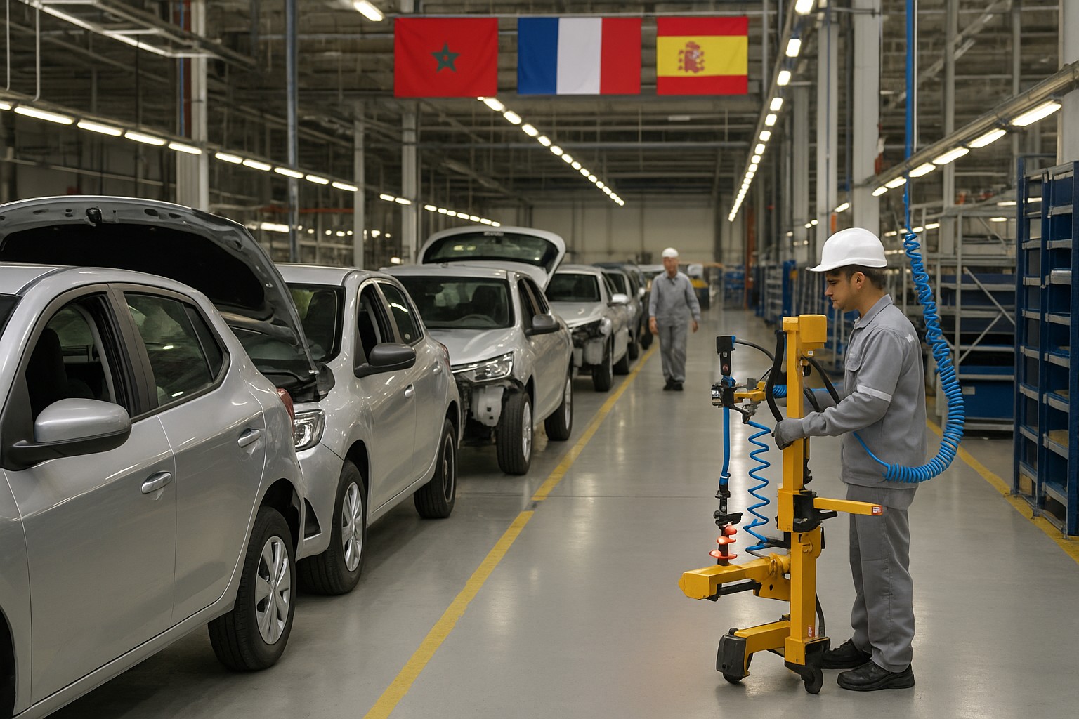 Ein moderner marokkanischer Automobilmontagebetrieb mit silbernen Fahrzeugen in der Fertigung, Arbeitern in grauen Uniformen und darüber hängenden Flaggen von Marokko, Frankreich und Spanien – Symbol für internationale Zusammenarbeit.
