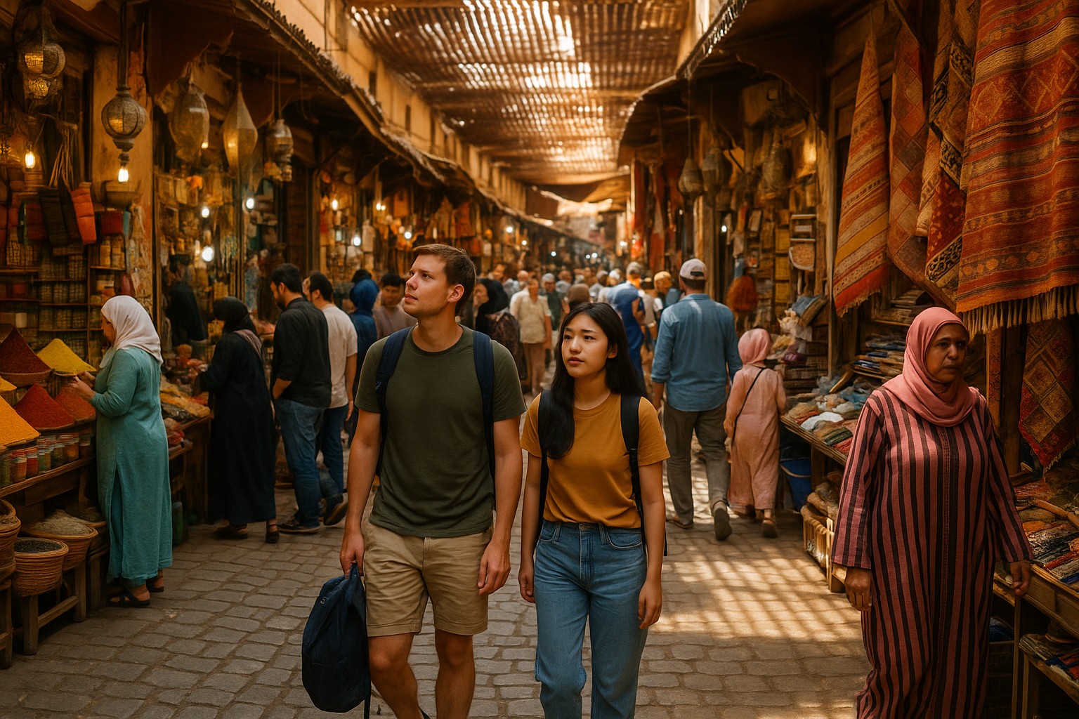 Ein belebter überdachter Markt in Marokko mit einer Mischung aus Einheimischen und Touristen, die durch eine enge Gasse voller Gewürze, Teppiche und Handwerkswaren schlendern, beleuchtet von warmem Tageslicht durch Holzverkleidungen.
