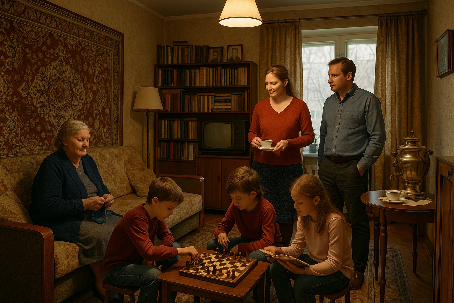 Eine mehrgenerationale russische Familie verbringt einen Nachmittag zusammen in einem gemütlichen Wohnzimmer im Sowjetstil; eine Großmutter strickt, während Kinder Schach spielen, Eltern beobachten sie mit Tee in der Hand.
