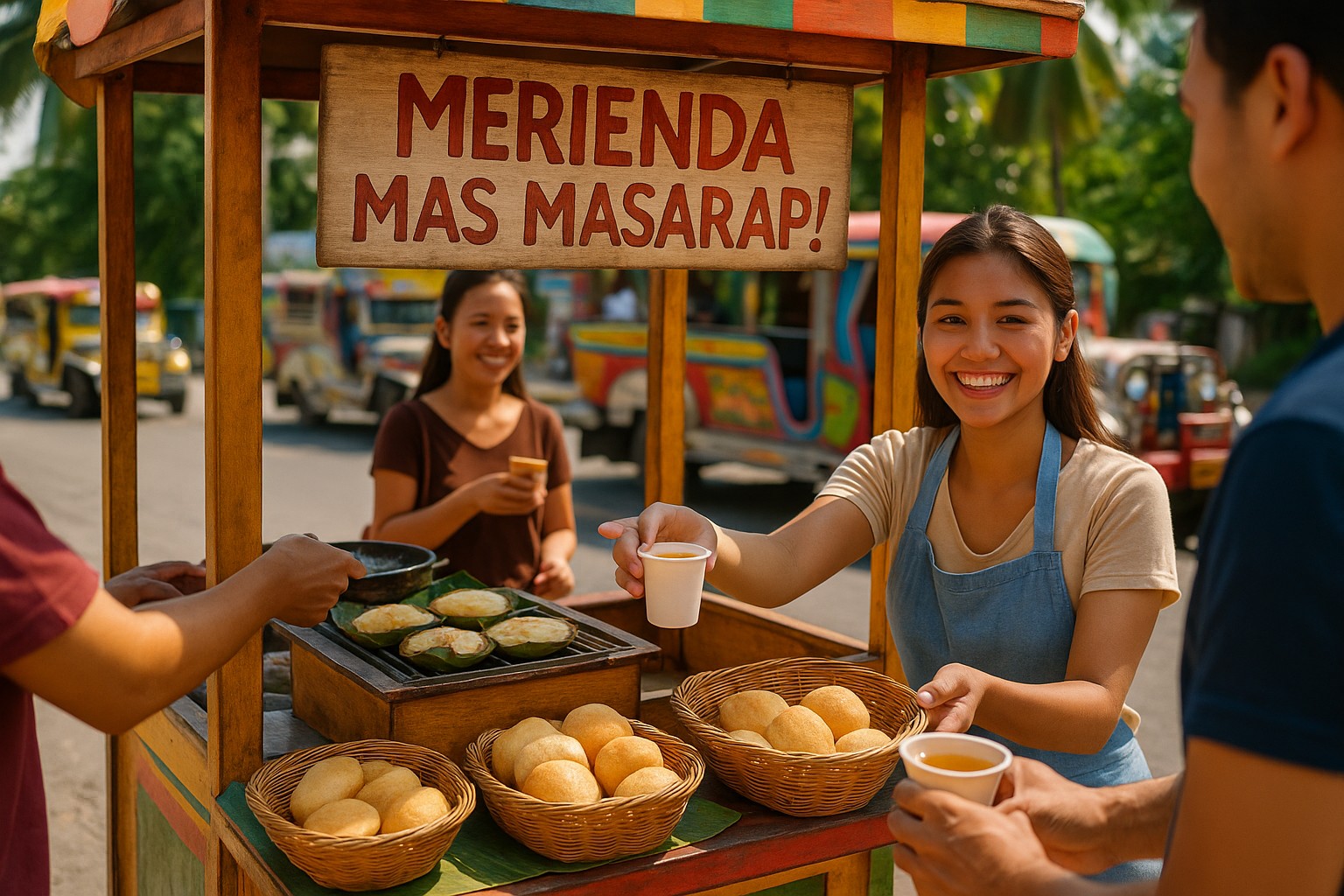 Straßenstand in den Philippinen: Junge Verkäuferin reicht einem Kunden lächelnd einen Becher Salabat, während ihr bunter Wagen voller Bibingka, Pandesal und Puto unter einem Tagalog-Schild „Merienda Mas Masarap!“ steht; Jeepneys und Palmen im Hintergrund.
