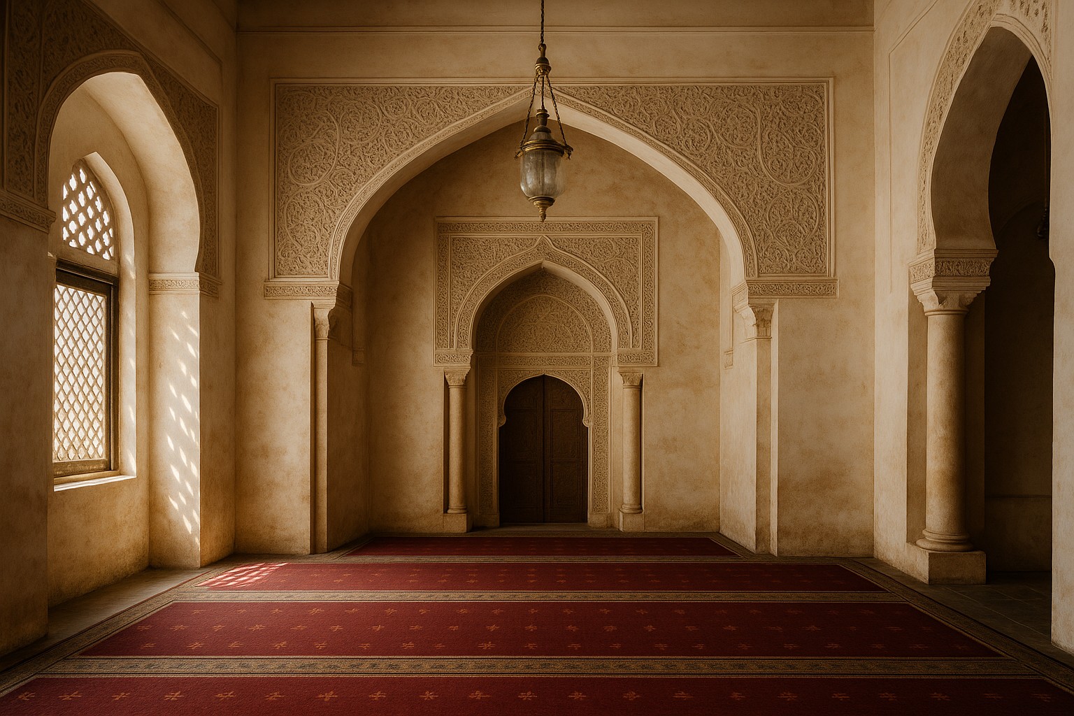 Das Innere einer Moschee mit kunstvoll verziertem Mihrab, umgeben von hellen Wänden, fein gearbeiteten Säulen und natürlichen Lichtakzenten durch das Fenster.
