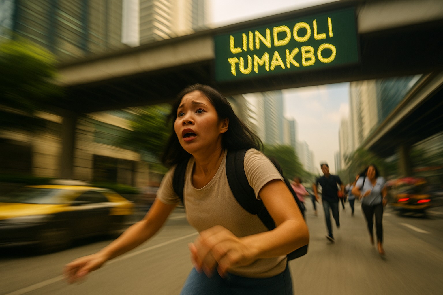 Verwackelte Aufnahme aus Froschperspektive: Eine junge Filipina rennt panisch auf einer Hauptstraße in Manila, während eine LED-Tafel über ihr „LINDOL! TUMAKBO!“ zeigt; hinter ihr fliehen verschwommene Passanten und Autos in einer erdbebenartigen Unschärfe.
