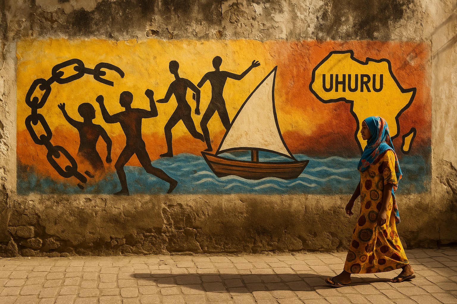 Eine Frau in traditioneller Kleidung geht an einem farbenfrohen Wandgemälde in Stone Town vorbei, das Afrikas Geschichte und Freiheit symbolisiert.
