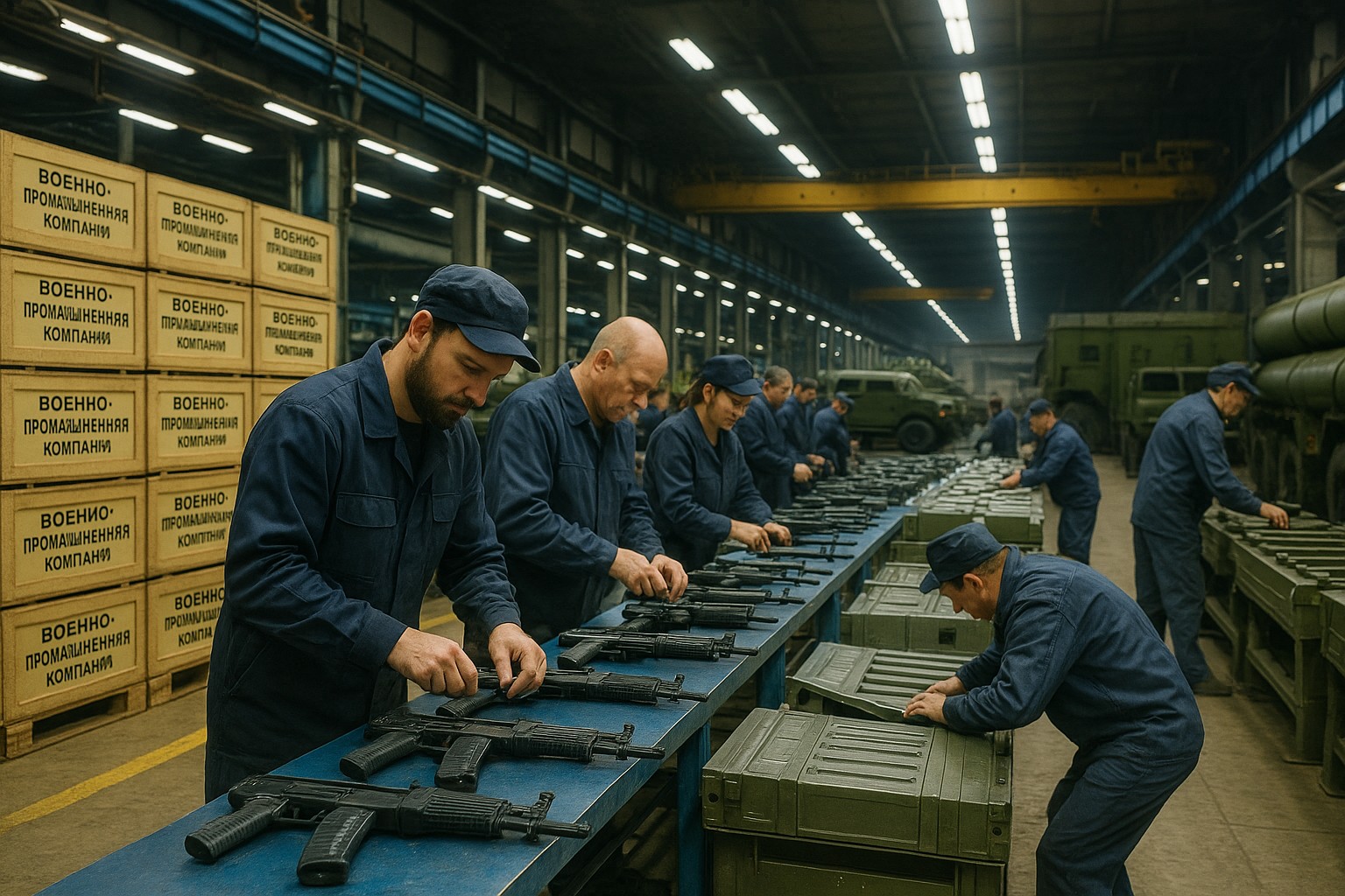 Eine hochauflösende Aufnahme zeigt das Innere einer russischen Rüstungsfabrik, in der Arbeiter an einem Förderband Gewehre montieren. Im Hintergrund sind militärische Fahrzeuge und Kisten mit kyrillischer Aufschrift sichtbar.
