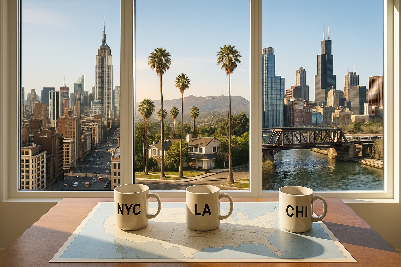 Drei große Fenster geben den Blick frei auf die Skylines von New York City, Los Angeles und Chicago. Auf einem Holztisch davor stehen drei Kaffeetassen mit den Aufschriften „NYC“, „LA“ und „CHI“, platziert auf einer Karte der Vereinigten Staaten. Die Stadtbilder zeigen typische Wahrzeichen: das Empire State Building, Palmen vor dem Hollywood-Zeichen und die Hochhäuser von Chicago am Fluss.
