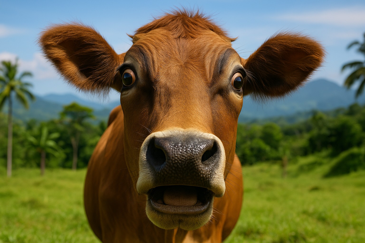 Eine hochauflösende Nahaufnahme des Gesichts einer Kuh mit weit aufgerissenen Augen, im Hintergrund tropisches Grün, Palmen und ferne Berge in Costa Rica.
