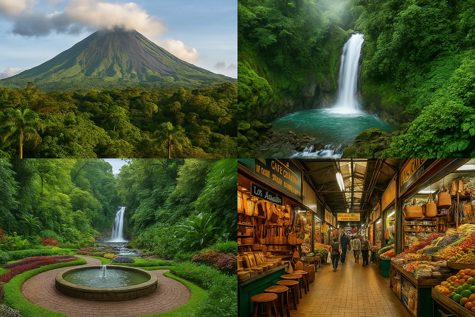 Eine Collage aus vier hochauflösenden Fotos zeigt den Vulkan Arenal, den La-Paz-Wasserfall, einen botanischen Garten mit Brunnen und den geschäftigen Mercado Central in San José, Costa Rica.
