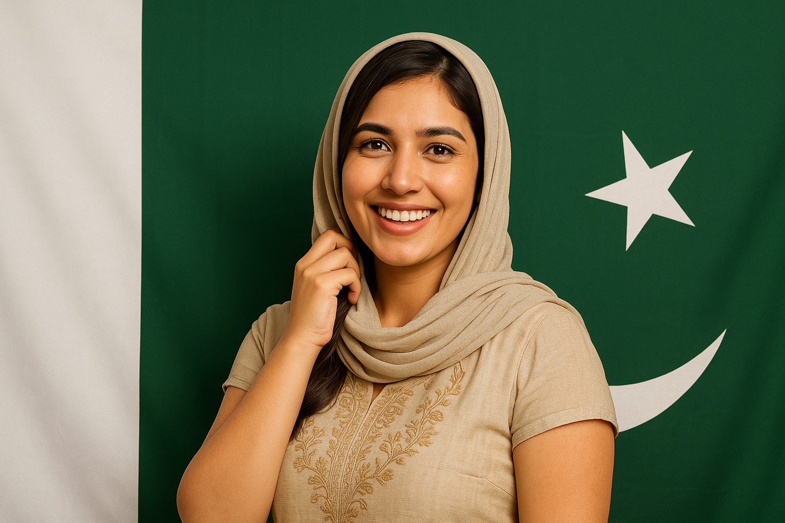 Natürliches Porträt einer lächelnden Pakistanerin vor der Flagge