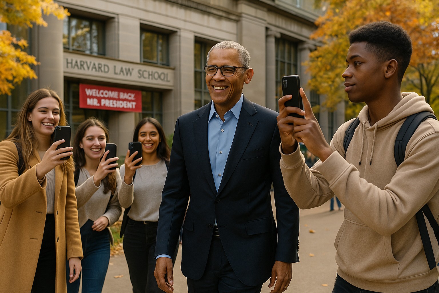 Der frühere US-Präsident Barack Obama spaziert lächelnd vor dem Gebäude der Harvard Law School, umgeben von Studierenden, die Fotos mit ihren Handys machen. Im Hintergrund hängt ein Banner mit der Aufschrift: „Welcome Back Mr. President“.
