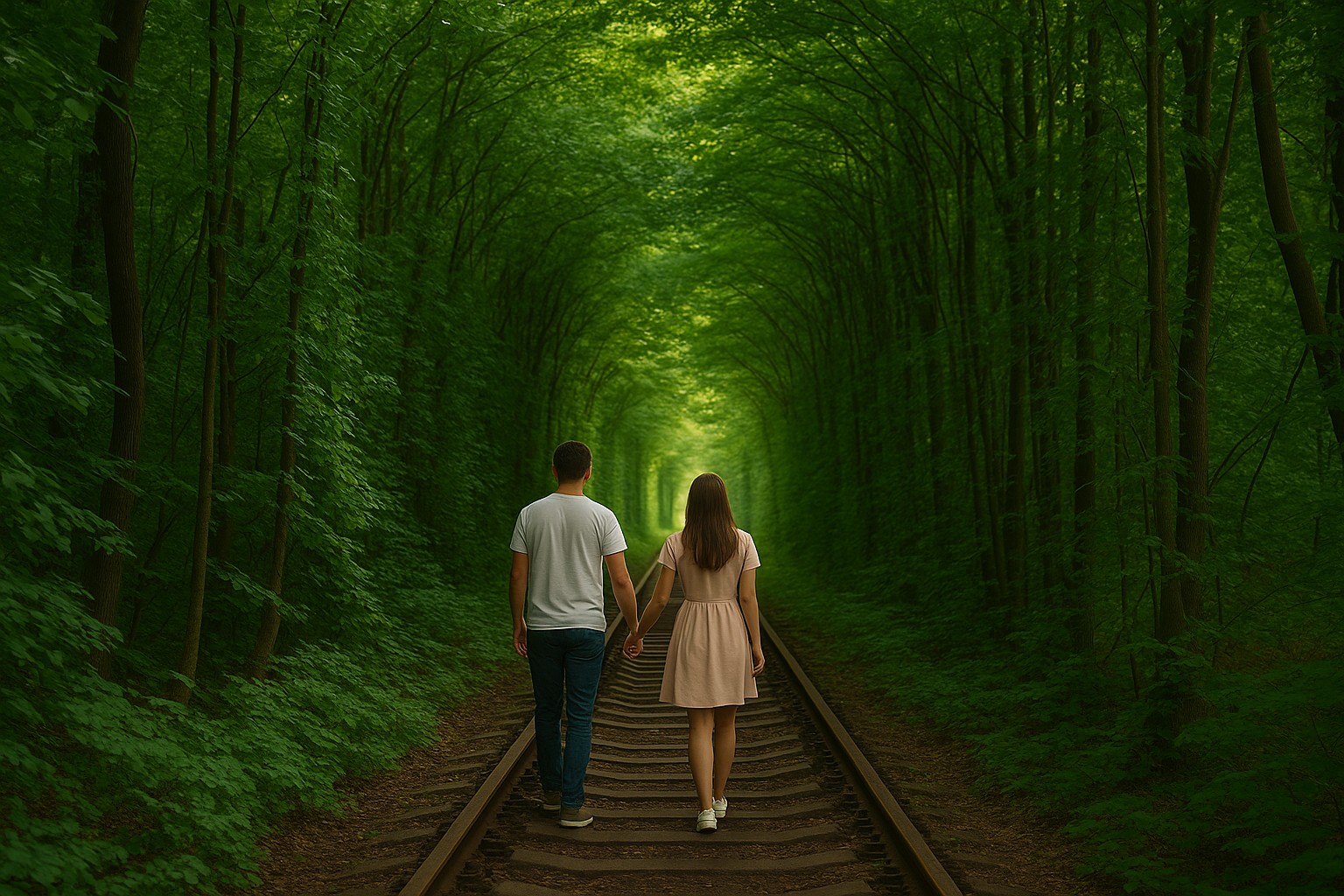 Ein verliebtes Paar spaziert Hand in Hand durch den berühmten „Tunnel der Liebe“ in Klevan, Ukraine – ein natürlicher grüner Tunnel aus dichtem Blattwerk über alten Bahngleisen.
