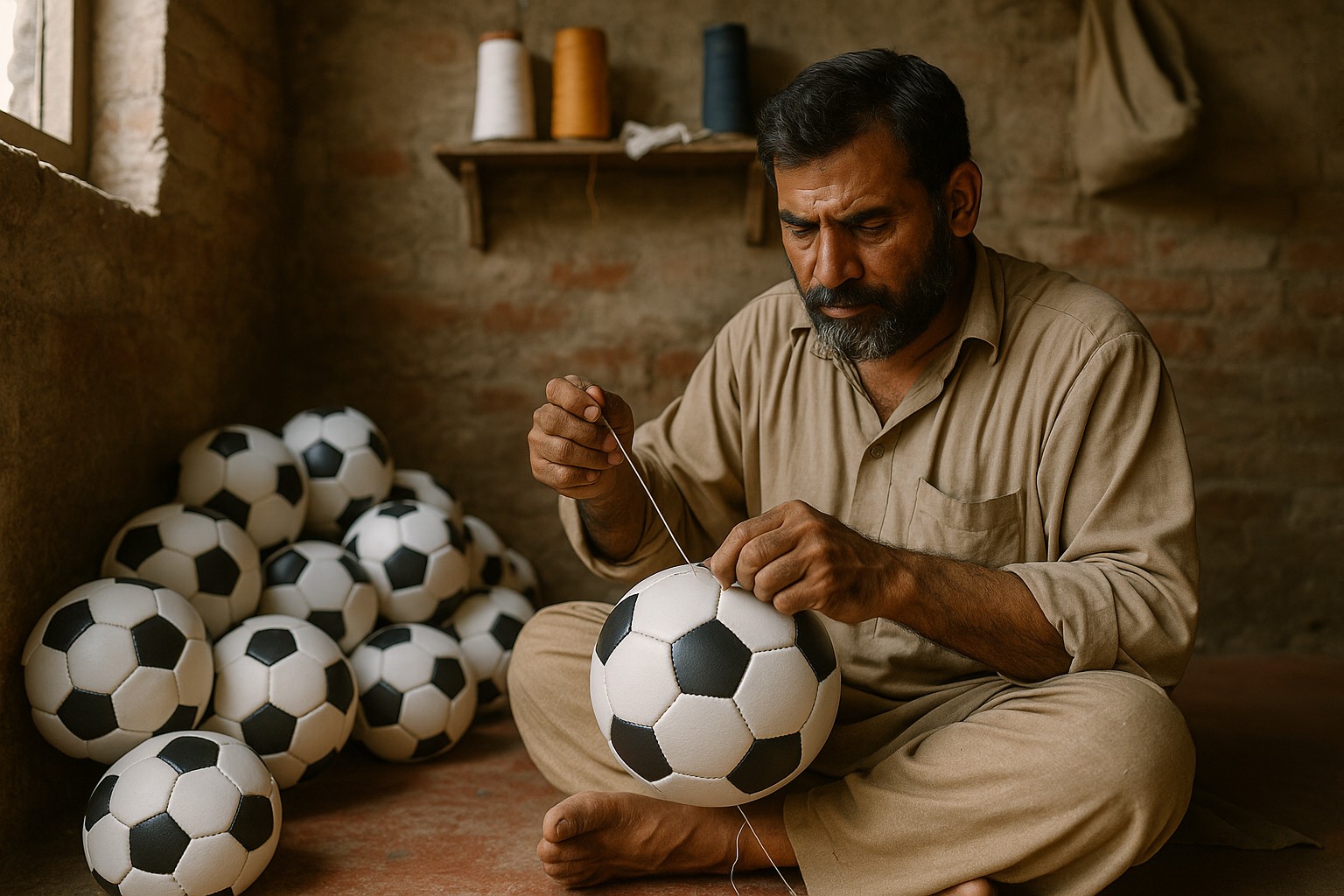 Ein pakistanischer Handwerker in traditioneller Kleidung näht von Hand einen Fußball in einer einfachen Werkstatt mit Ziegelwänden und natürlichem Licht.
