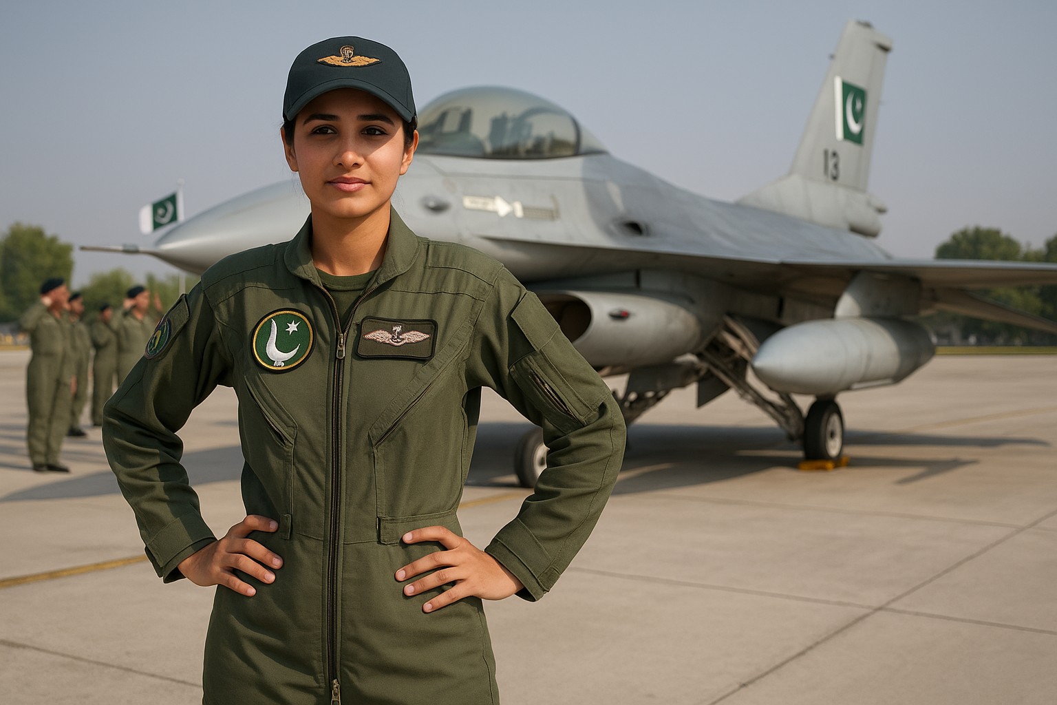 Eine pakistanische Kampfpilotin steht selbstbewusst mit den Händen in der Hüfte vor einem F-16-Kampfjet auf einem Flugfeld, während im Hintergrund uniformierte Soldaten salutieren.
