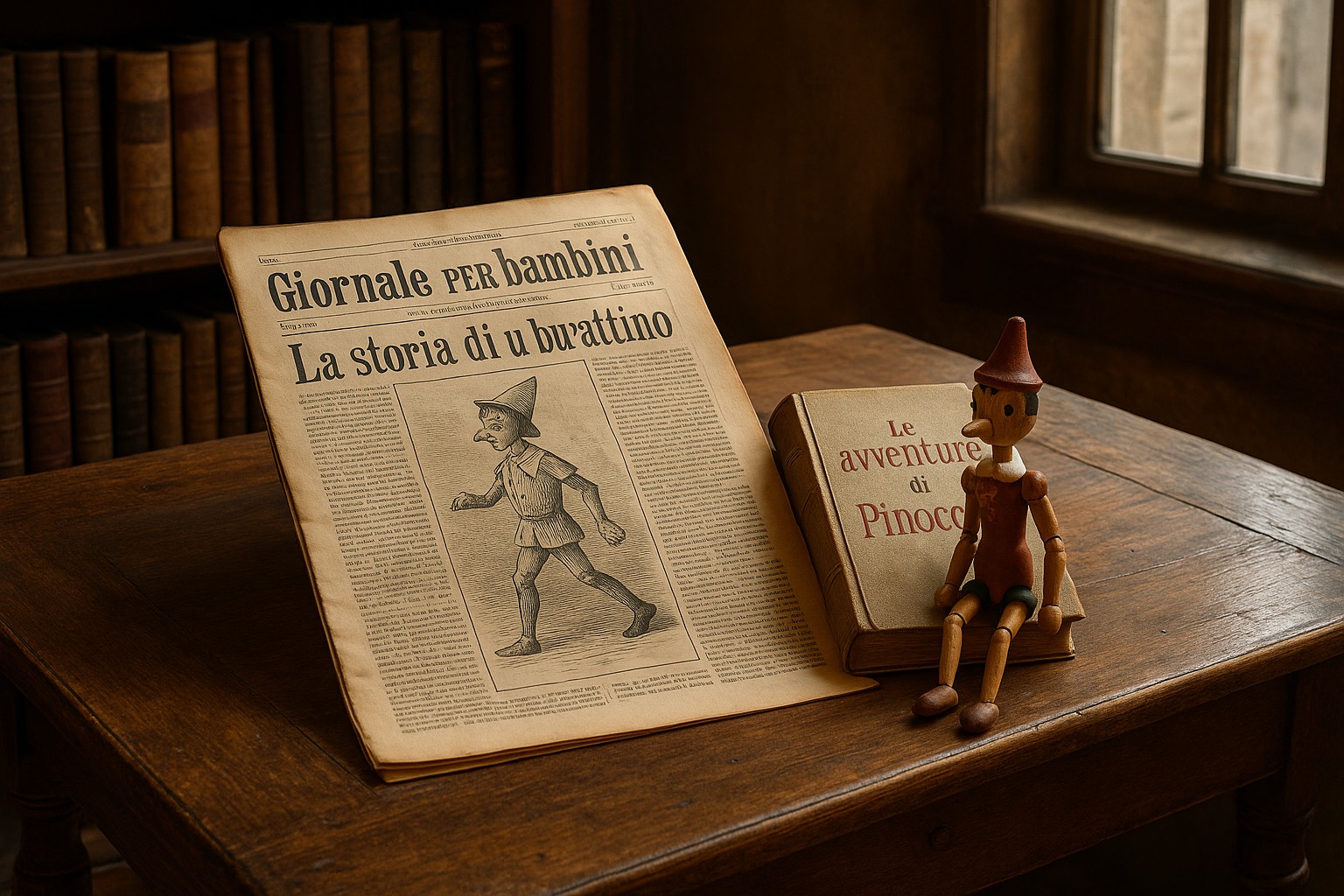 Alte Zeitung „Giornale per i bambini“ mit der ersten Geschichte von Pinocchio und das Buch „Le avventure di Pinocchio“ auf einem Holztisch.
