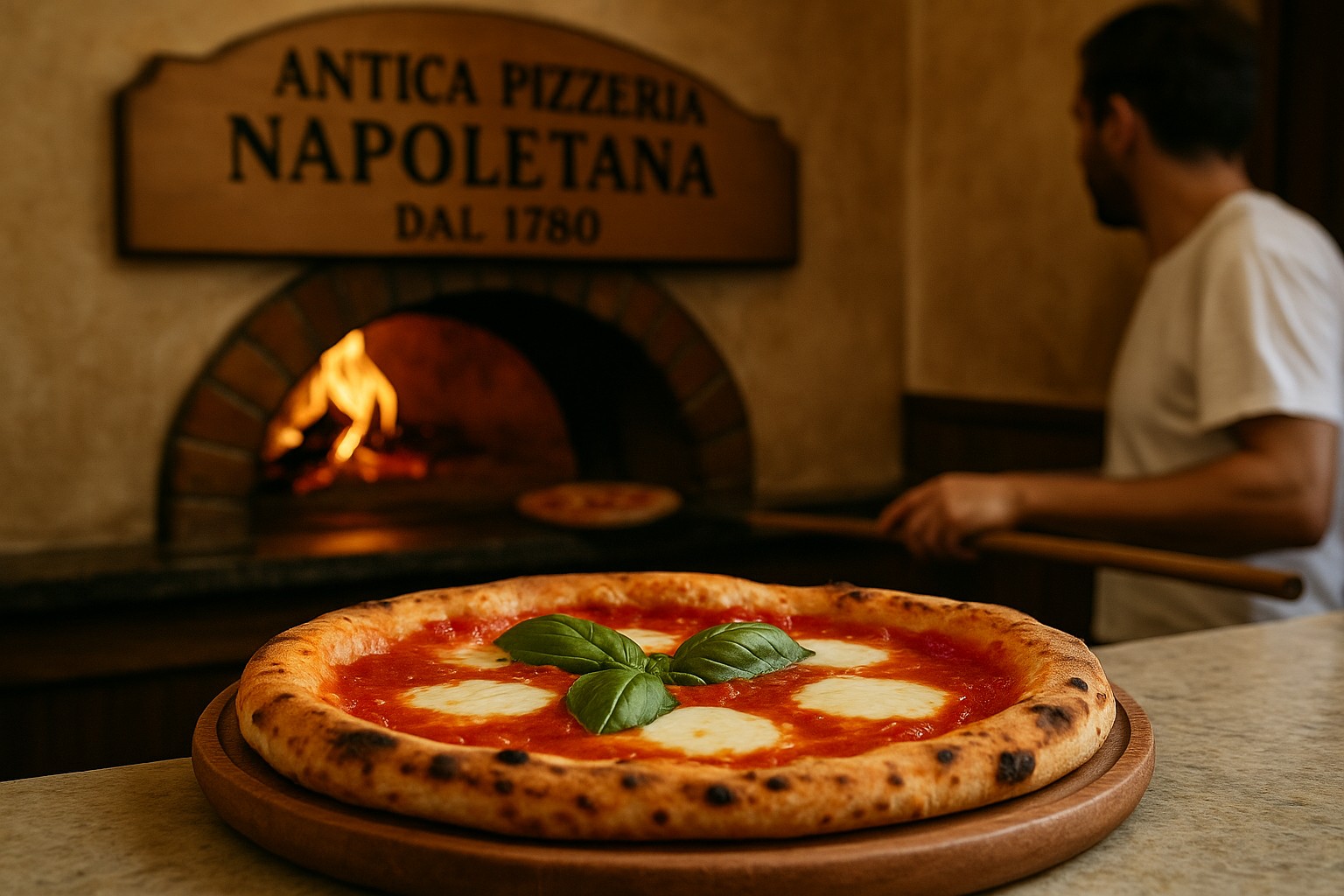 Frische Pizza Napoletana vor einem traditionellen Holzofen in einer Pizzeria mit dem Schild „Antica Pizzeria Napoletana – Dal 1780“.
