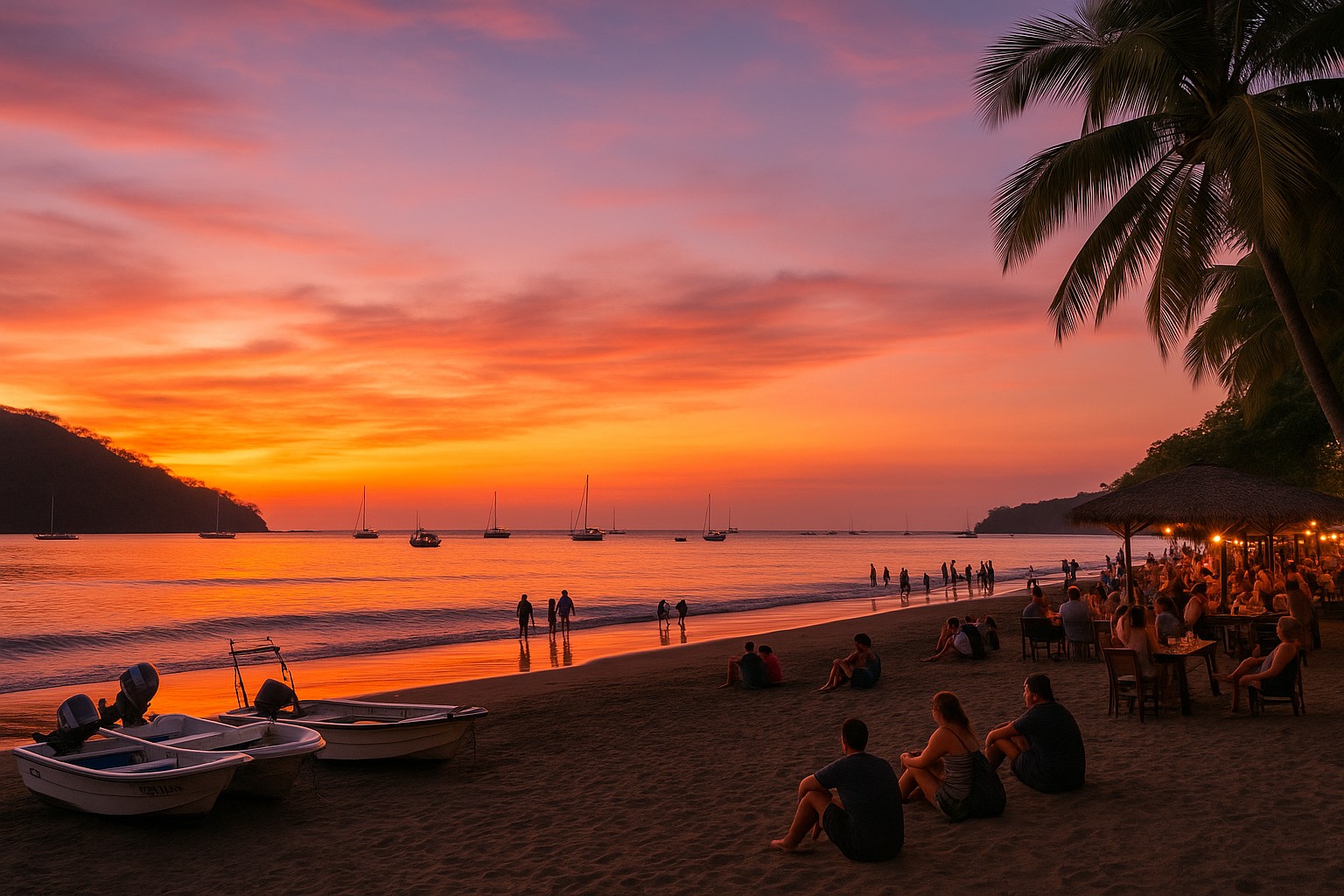 Playa del Coco bei Sonnenuntergang mit orange-rosa Himmel, ruhigem Meer, Booten am Ufer, Menschen am Strand und beleuchtetem Strandcafé unter Palmen.
