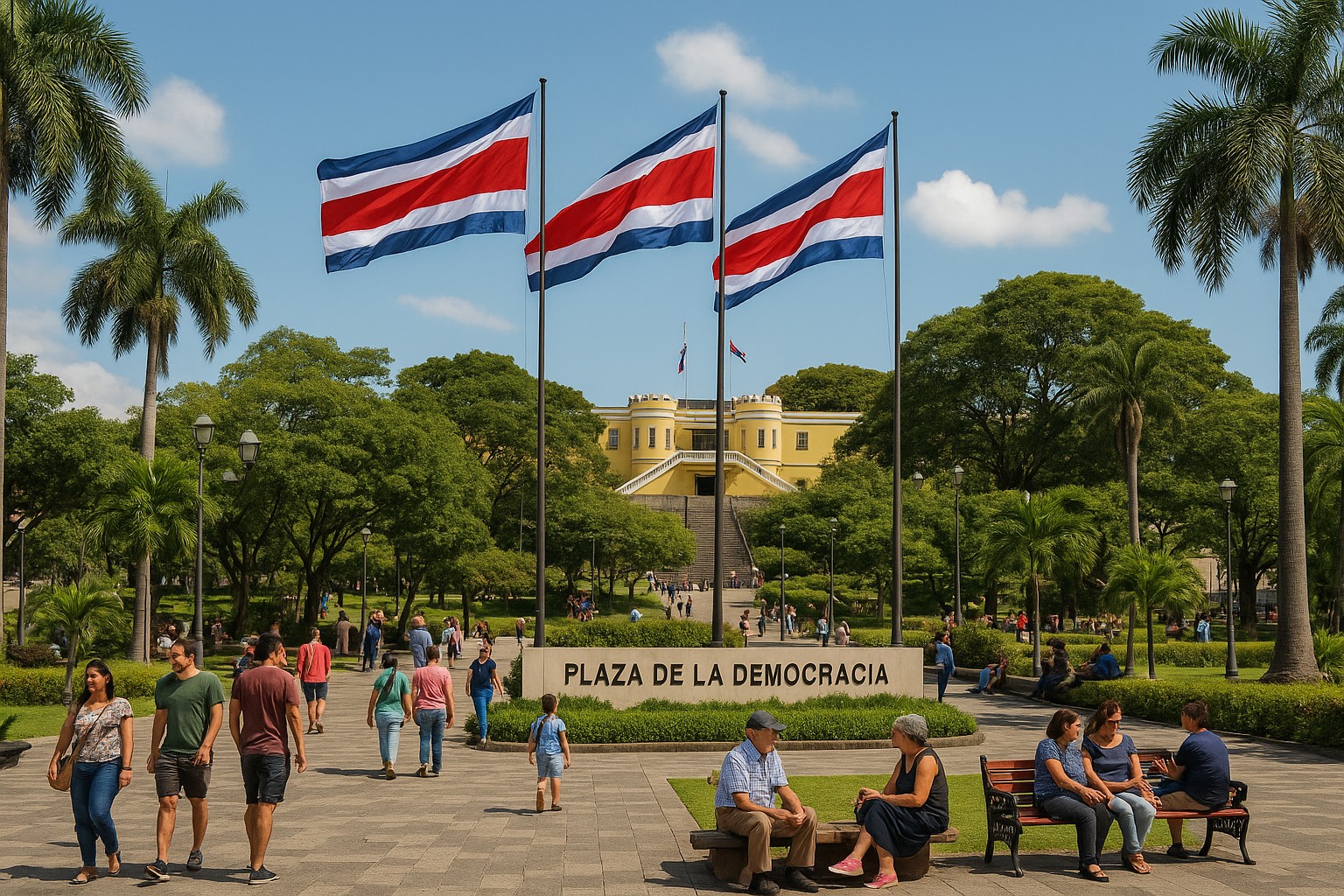 Plaza de la Democracia in San José, Costa Rica, mit costa-ricanischen Flaggen, spazierenden und sitzenden Menschen, Palmen und dem Museo Nacional im Hintergrund unter einem sonnigen Himmel.