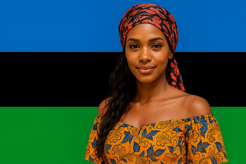 Eine junge Frau mit traditionellen afrikanischen Gesichtszügen und einem bunten Kopftuch posiert vor der Flagge Sansibars. Sie trägt ein farbenfrohes, schulterfreies Kleid im lokalen Stil.