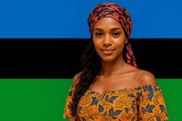Eine junge Frau mit traditionellen afrikanischen Gesichtszügen und einem bunten Kopftuch posiert vor der Flagge Sansibars. Sie trägt ein farbenfrohes, schulterfreies Kleid im lokalen Stil.