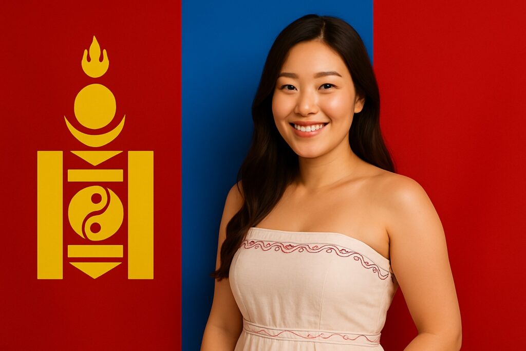 Junge Mongolin in einem modernen Kleid lächelt sanft vor der klaren Nationalflagge der Mongolei mit dem goldenen Soyombo-Symbol.