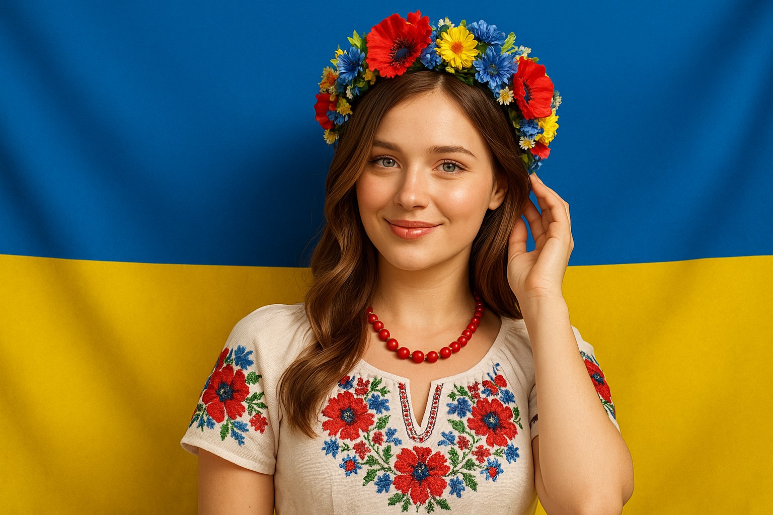 Porträt einer jungen Ukrainerin mit traditionellem Blütenkranz