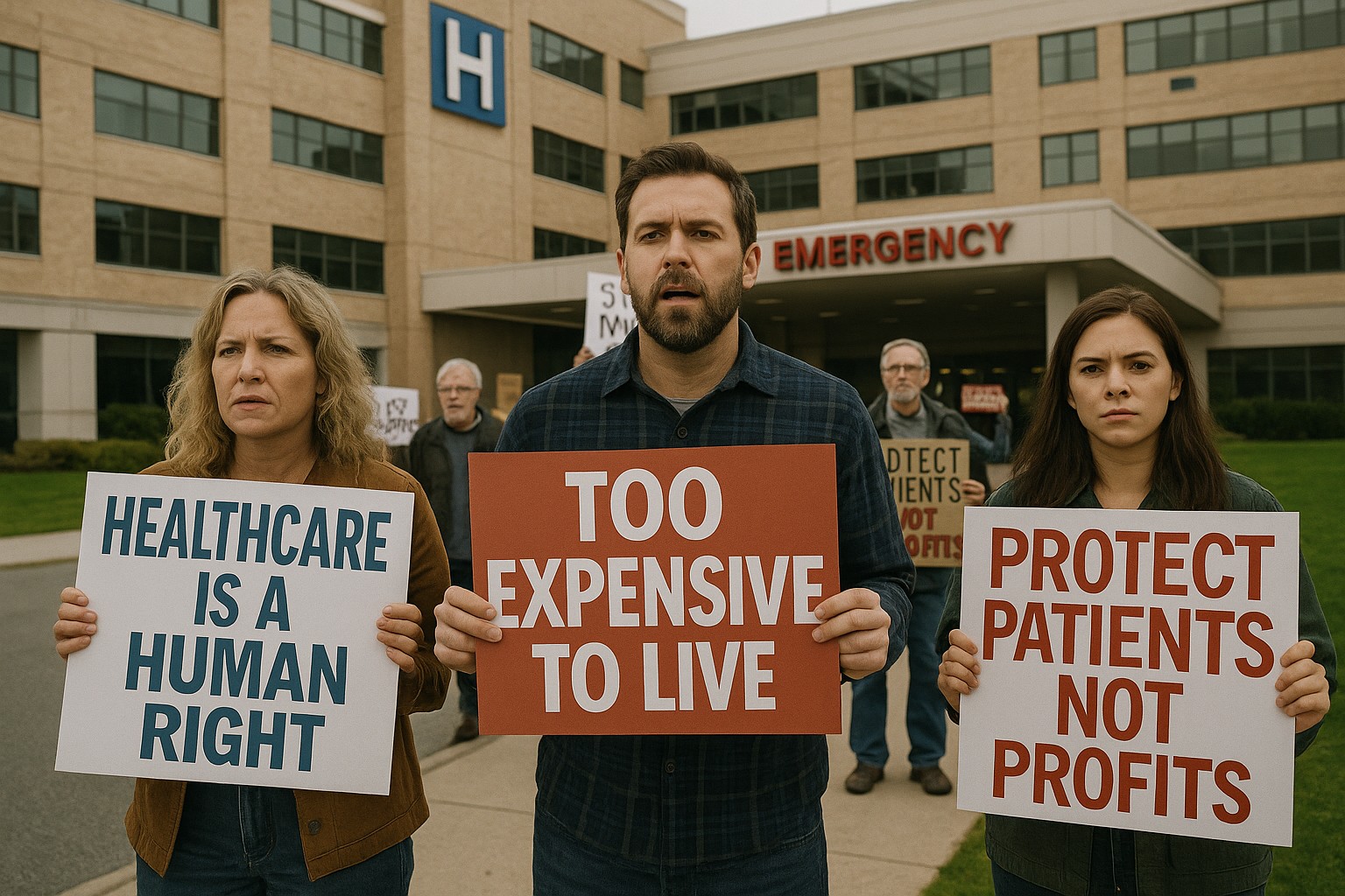 Drei Demonstranten vor einem US-Krankenhaus halten Schilder mit Botschaften wie „Gesundheit ist ein Menschenrecht“ und „Zu teuer zum Leben“ – ein stiller Protest gegen die Gesundheitskosten in den USA.
