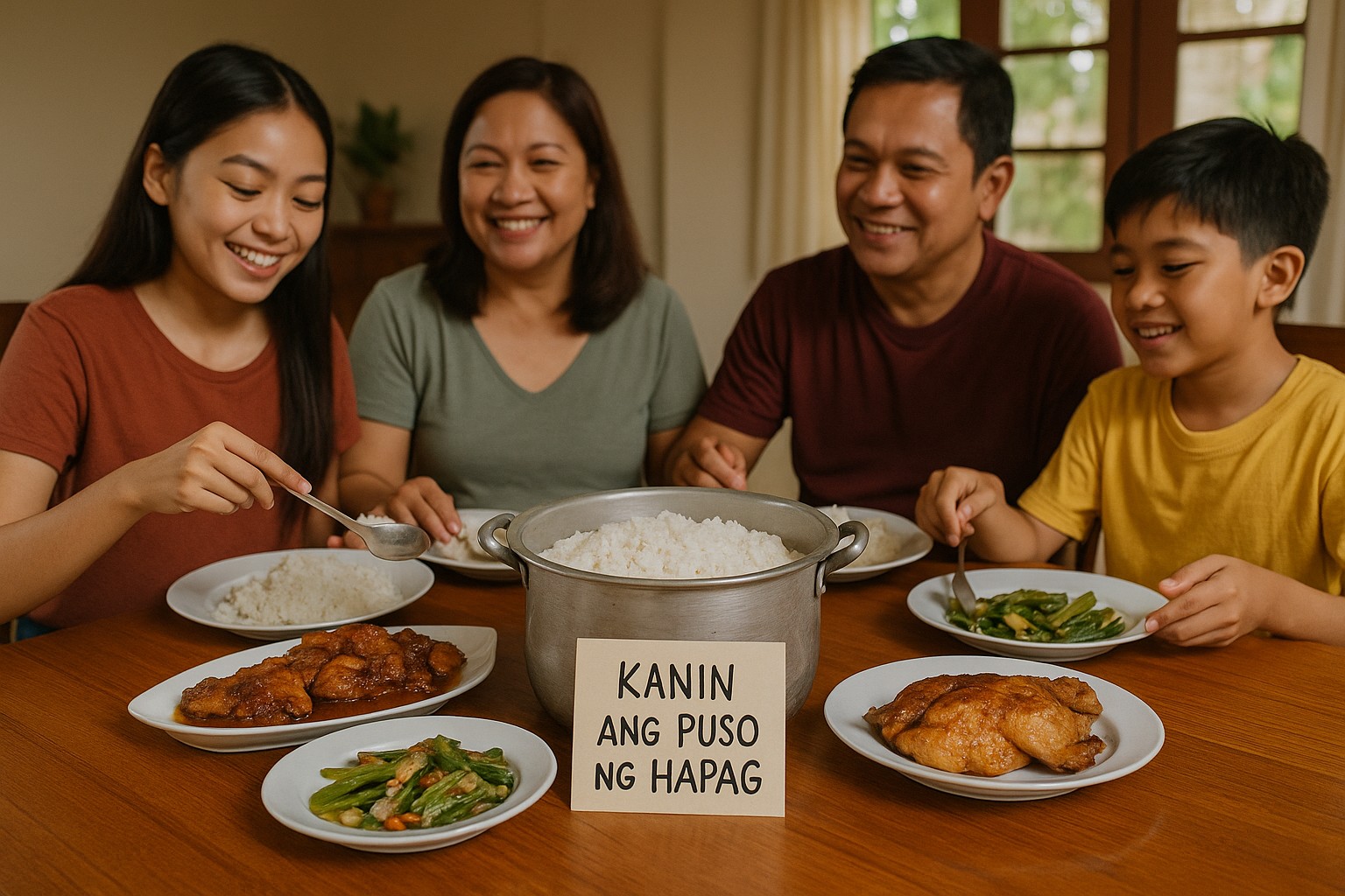 Philippinische Familie sitzt am Esstisch: Ein großer Kaldero mit dampfendem Reis steht in der Mitte, umgeben von Adobo, Lechon Manok und gebratenem Gemüse; davor ein Tagalog-Schild „KANIN ANG PUSO NG HAPAG“.

