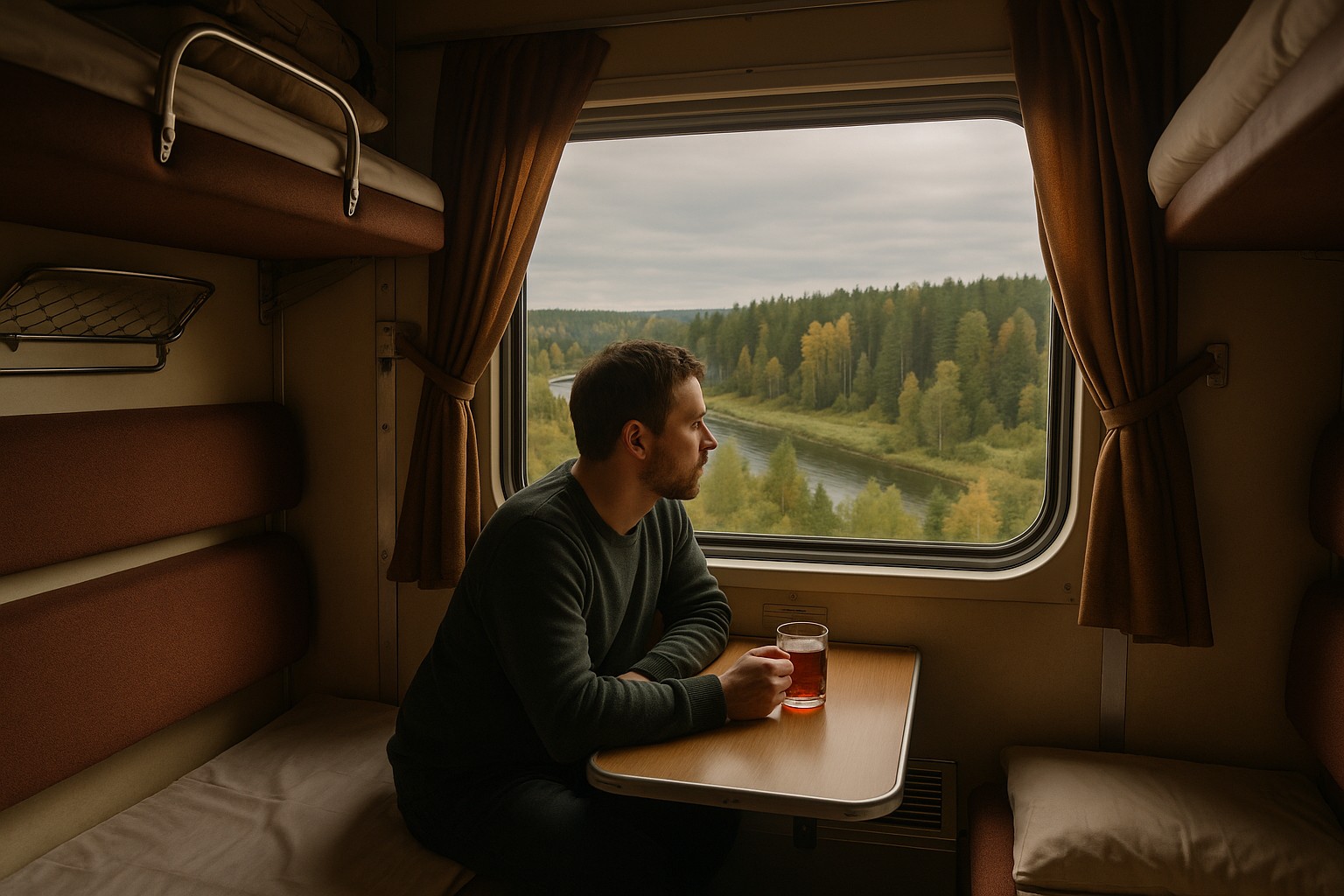 Ein junger Mann sitzt in einem Schlafwagen des Transsibirischen Express und blickt nachdenklich aus dem Fenster, mit einem Glas Tee in der Hand. Draußen erstreckt sich eine herbstliche sibirische Landschaft mit Fluss und Wäldern.
