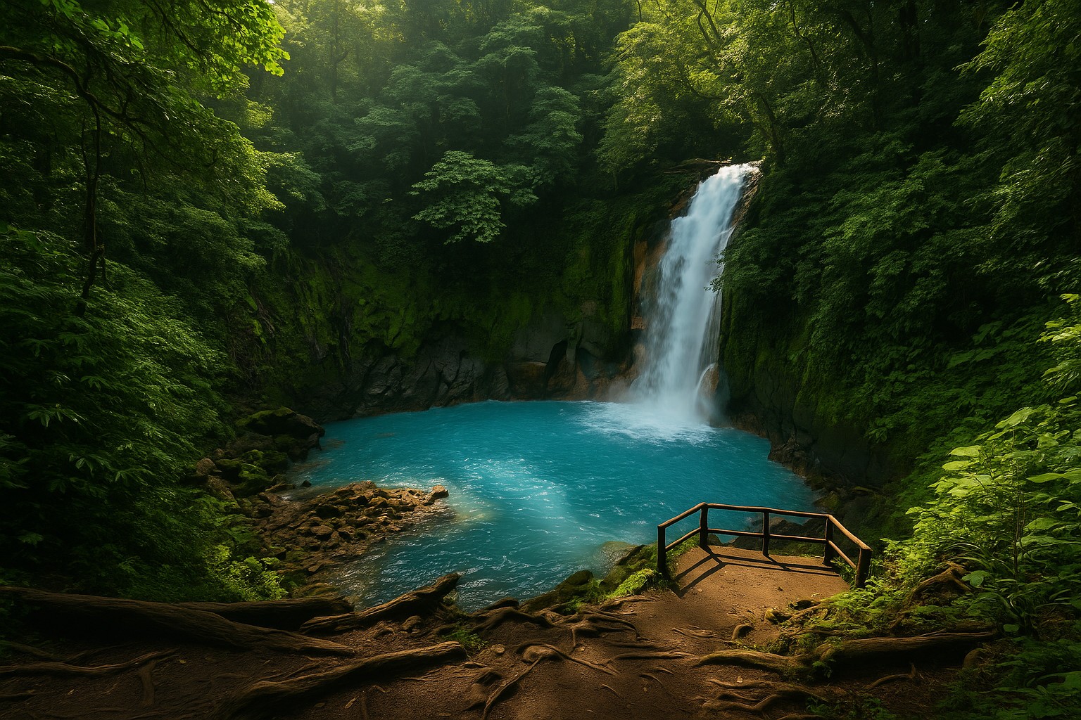 Ein Wasserfall im Río Celeste in Costa Rica stürzt in ein leuchtend türkisfarbenes Becken, umgeben von dichter, grüner Dschungelvegetation.
