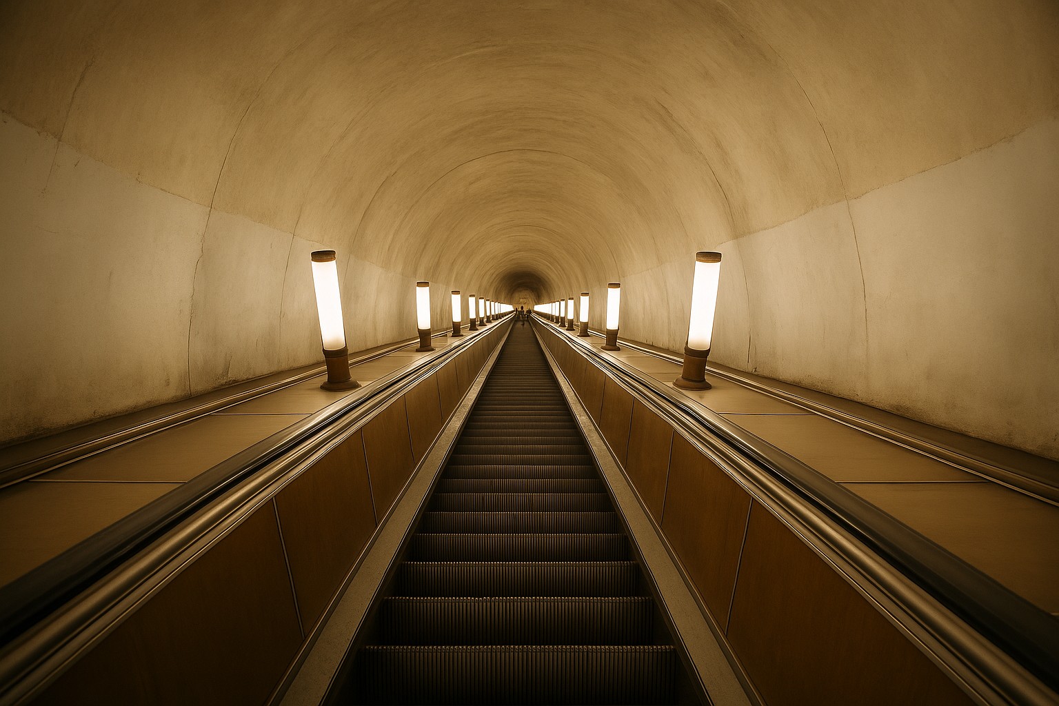 Eine lange Rolltreppe in einer tiefen Metrostation mit beleuchtetem Tunnelgewölbe und wenigen Menschen in der Ferne.

