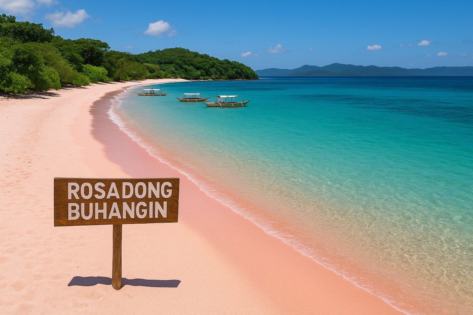 Pinkfarbener Sandstrand auf der Insel Santa Cruz (Philippinen) im sanften Bogen; türkisfarbenes Wasser und traditionelle Banka-Boote, dazu ein Holzschild „ROSADONG BUHANGIN“ (Tagalog „Rosa Sand“).
