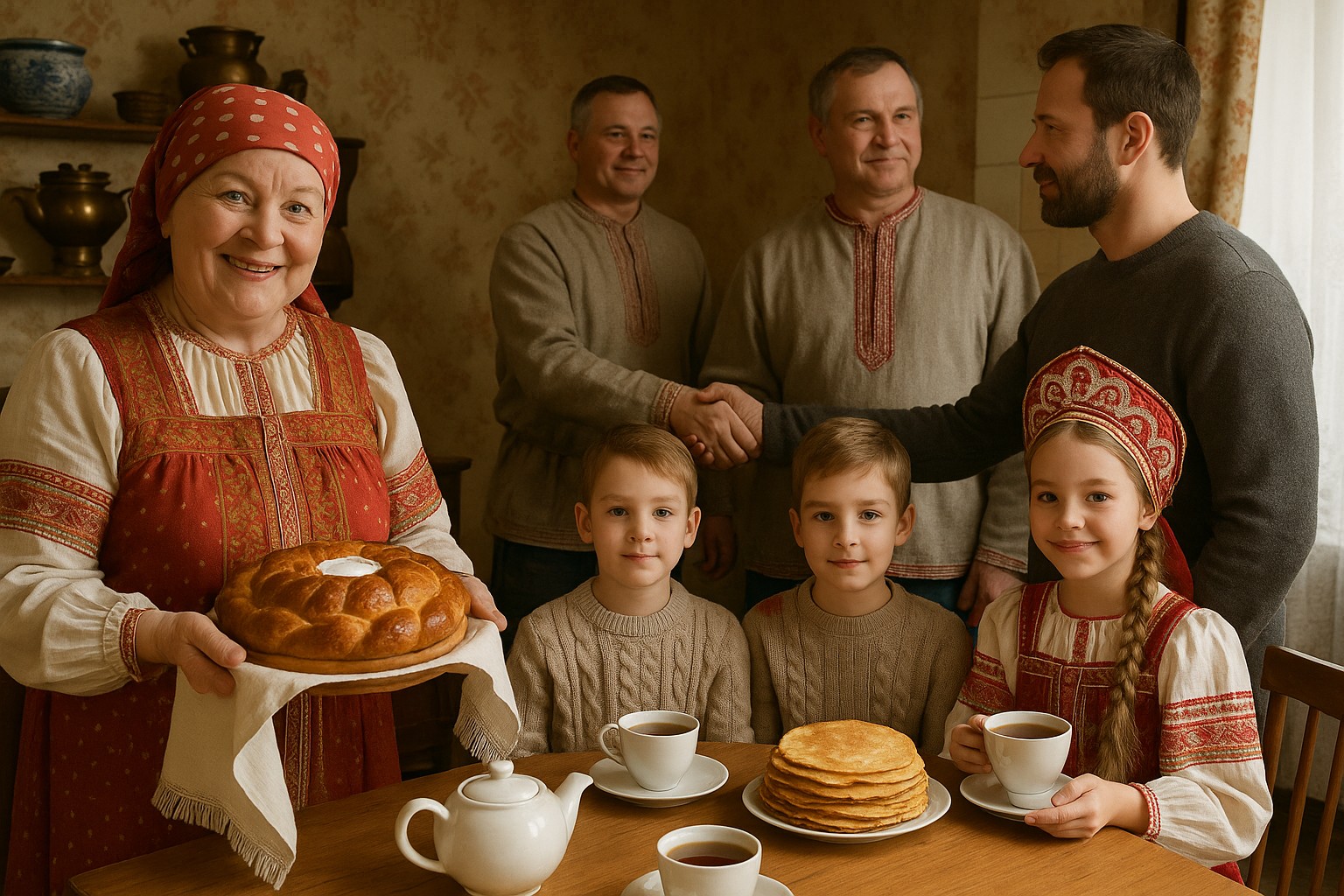 Eine traditionelle russische Familie empfängt Gäste in ihrem Wohnzimmer. Eine ältere Frau in folkloristischer Kleidung hält ein Brot mit Salz, während Kinder mit Tee und Pfannkuchen am Tisch sitzen. Im Hintergrund begrüßen sich Männer mit einem Händedruck. Die Szene ist warm beleuchtet und voller Gastfreundschaft.
