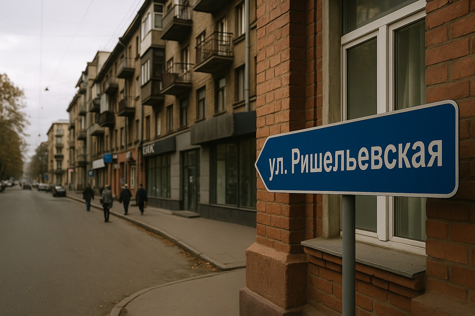 Ein Straßenschild mit kyrillischer Aufschrift „ул. Ришельевская“ vor einem Ziegelgebäude, im Hintergrund eine typische sowjetische Häuserzeile mit Passanten und geparkten Autos.
