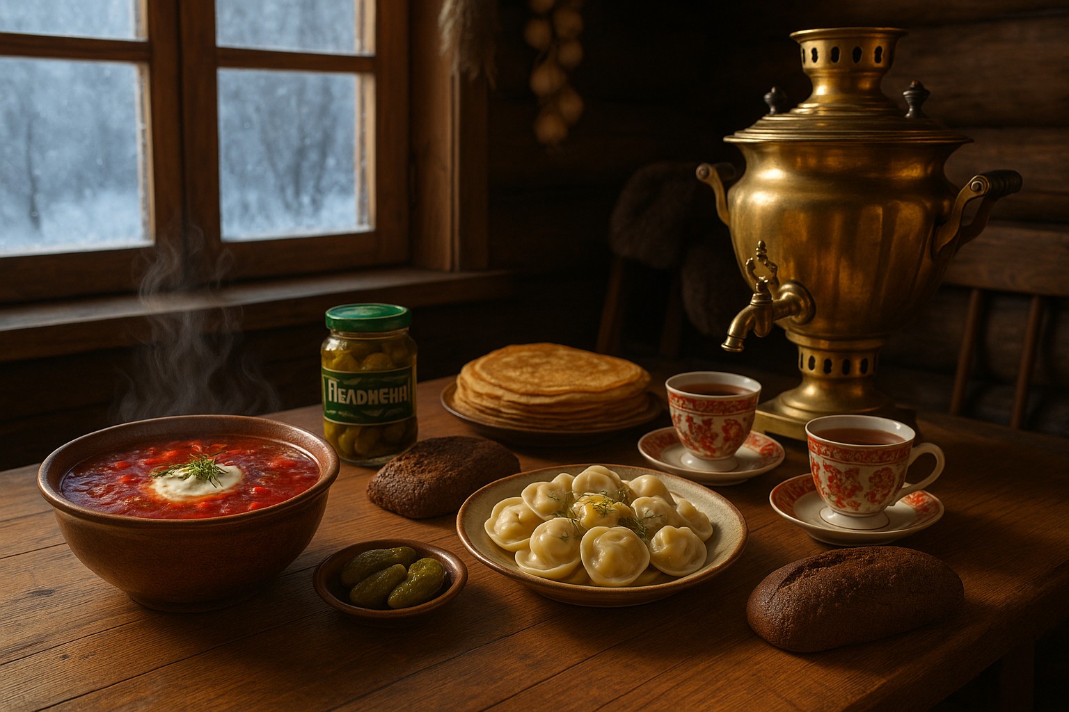 Ein Foto zeigt einen gemütlich gedeckten Holztisch in einer russischen Blockhütte im Winter, mit traditionellen russischen Gerichten wie Borschtsch, Pelmeni, Blini, eingelegten Gurken, Roggenbrot, Tee und einem goldenen Samowar vor einem Fenster mit verschneiter Landschaft.
