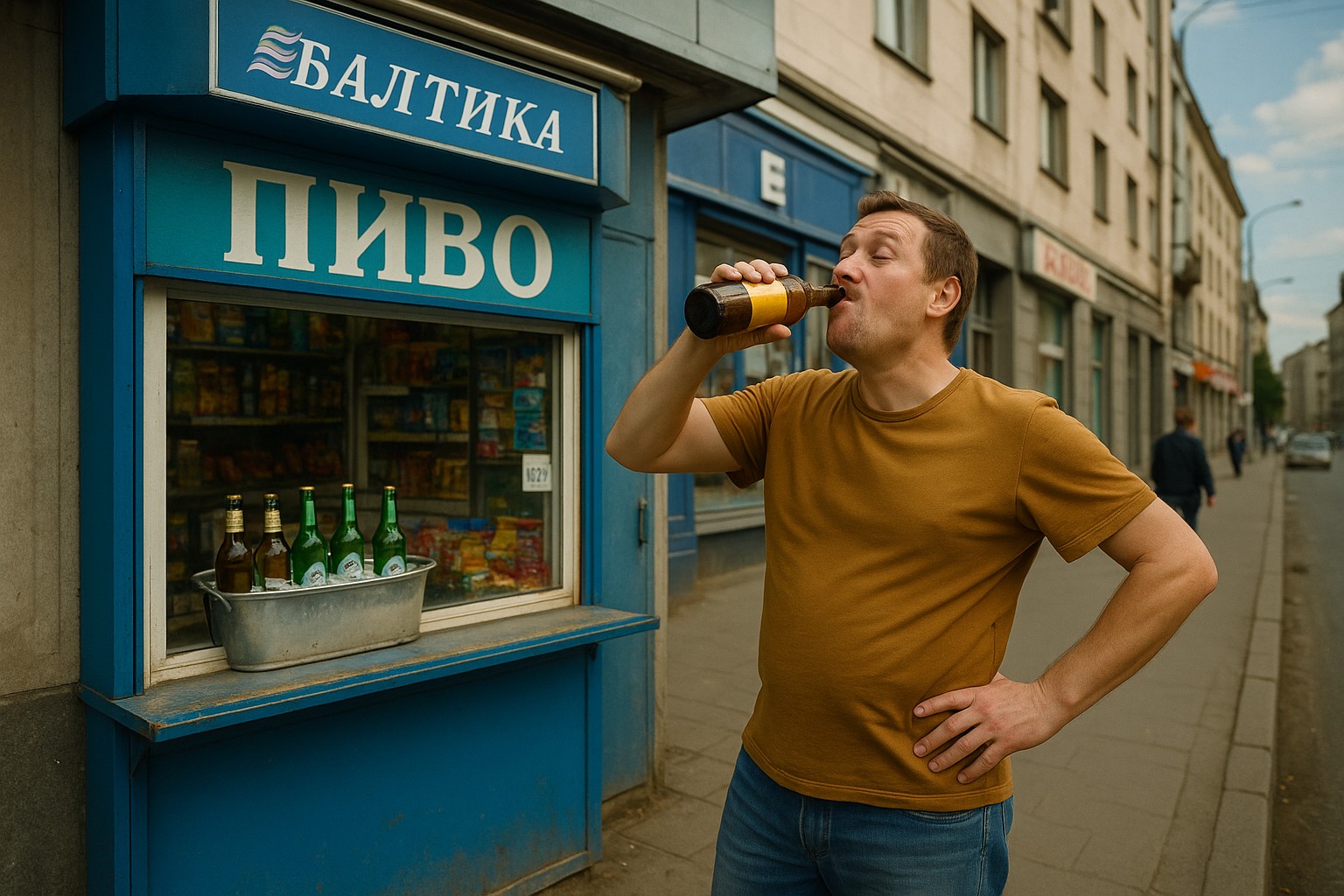 Ein russischer Mann trinkt genüsslich Bier vor einem blau gestrichenen Kiosk mit der Aufschrift „ПИВО“ (Bier) und „Балтика“. Der Kiosk zeigt eine Auswahl an Bierflaschen im Fenster, während im Hintergrund eine typische russische Straße mit Wohngebäuden zu sehen ist.
