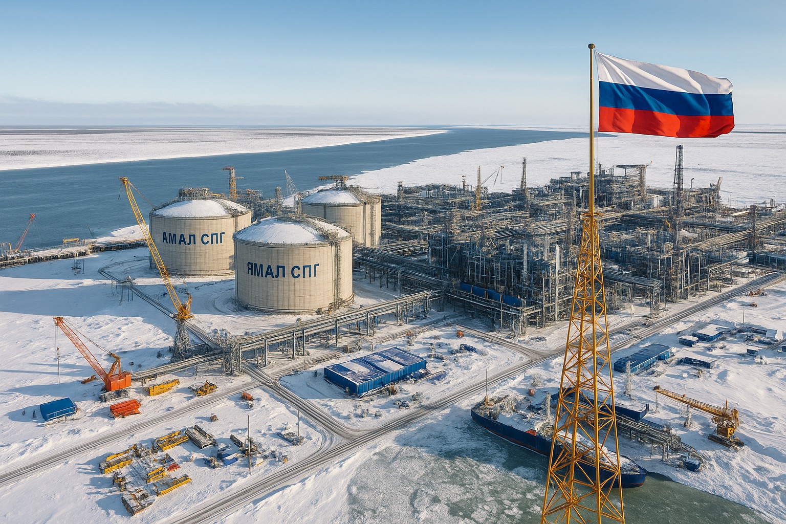 Ein hochauflösendes Luftbild zeigt die Yamal-LNG-Anlage in der russischen Arktis mit riesigen Gasspeichertanks, einem dichten Netz aus Rohrleitungen und einem russischen Fahnenmast im Vordergrund, alles eingebettet in eine verschneite Küstenlandschaft.
