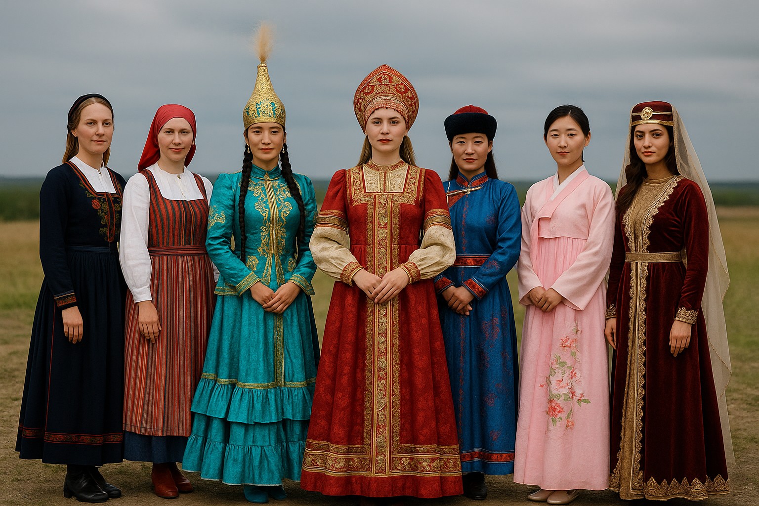 Acht Frauen stehen nebeneinander in traditioneller Kleidung ihrer Länder, auf einem offenen Feld unter wolkigem Himmel. In der Mitte trägt die Frau, die Russland repräsentiert, ein auffälliges rotes Sarafan-Kleid mit Kokoschnik-Kopfschmuck.

