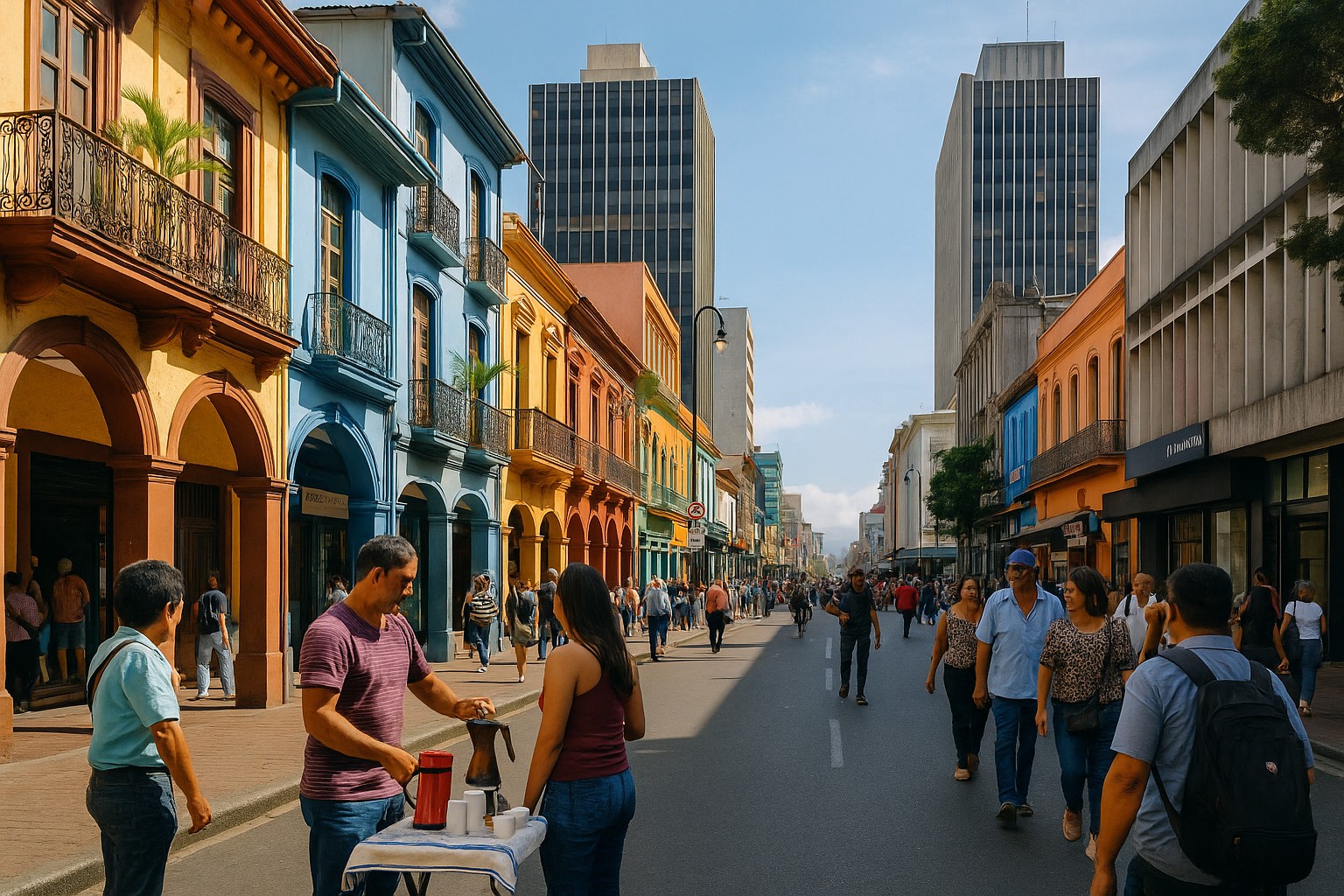 Straßenszene im Zentrum von San José, Costa Rica, mit farbenfrohen Kolonialgebäuden, modernen Hochhäusern, einem Kaffeeverkäufer im Vordergrund und vielen Fußgängern.

