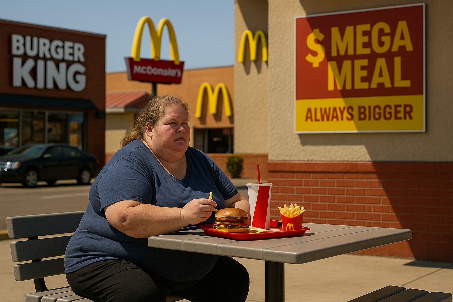 Eine übergewichtige, mittelalte Frau sitzt allein vor einem Fast-Food-Restaurant in den USA, isst Burger und Pommes. Im Hintergrund prangen die Logos von McDonald’s und Burger King sowie ein auffälliges Schild mit der Aufschrift „$Mega Meal – Always Bigger“.
